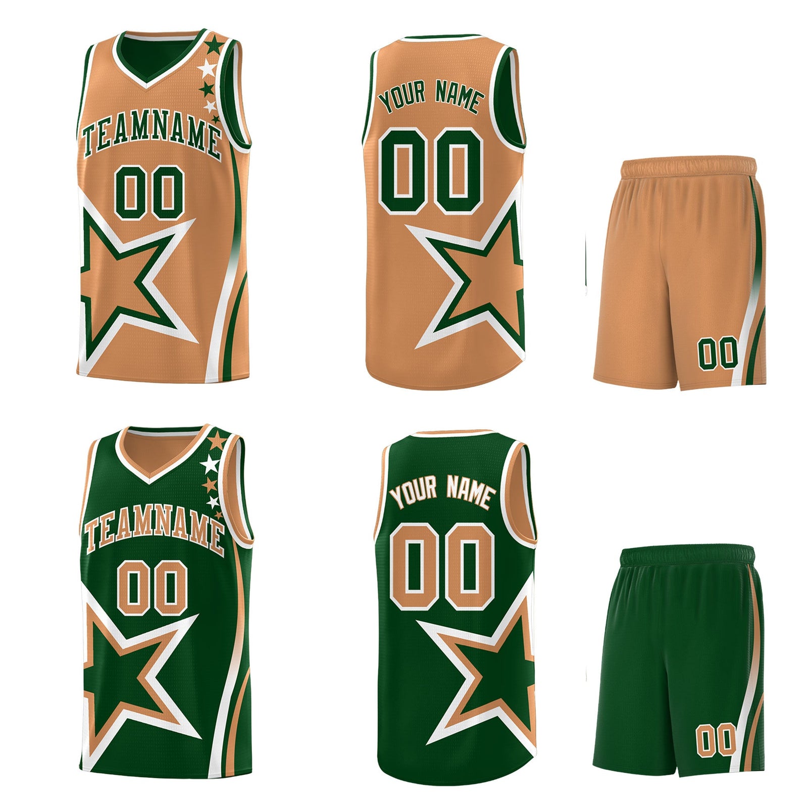 Custom Green Buckskin Brown White Star Series Reversible Sets Basketball Jersey| KXKSHOP