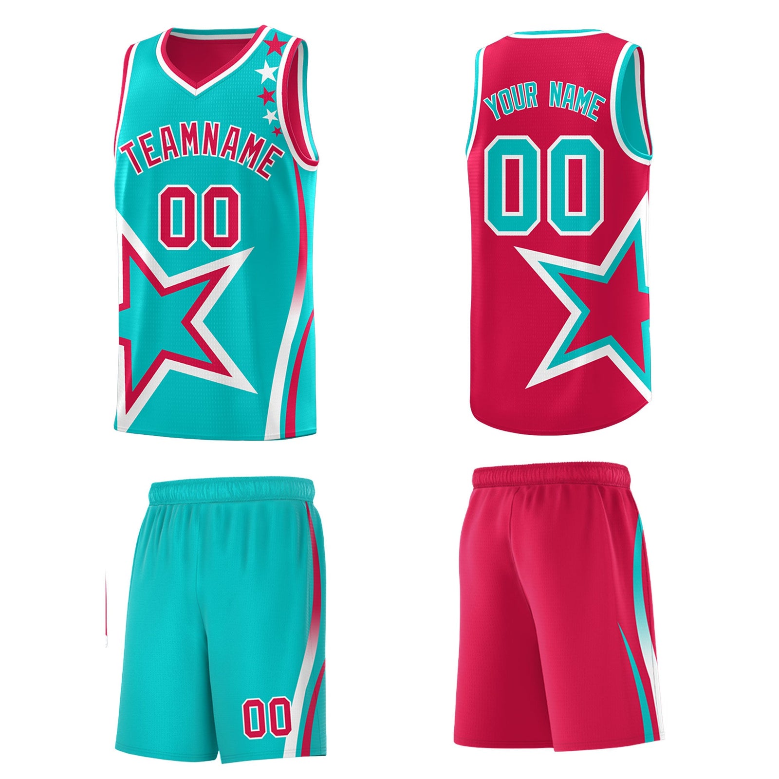 Custom Red Aqua White Star Series Reversible Sets Basketball Jersey| KXKSHOP