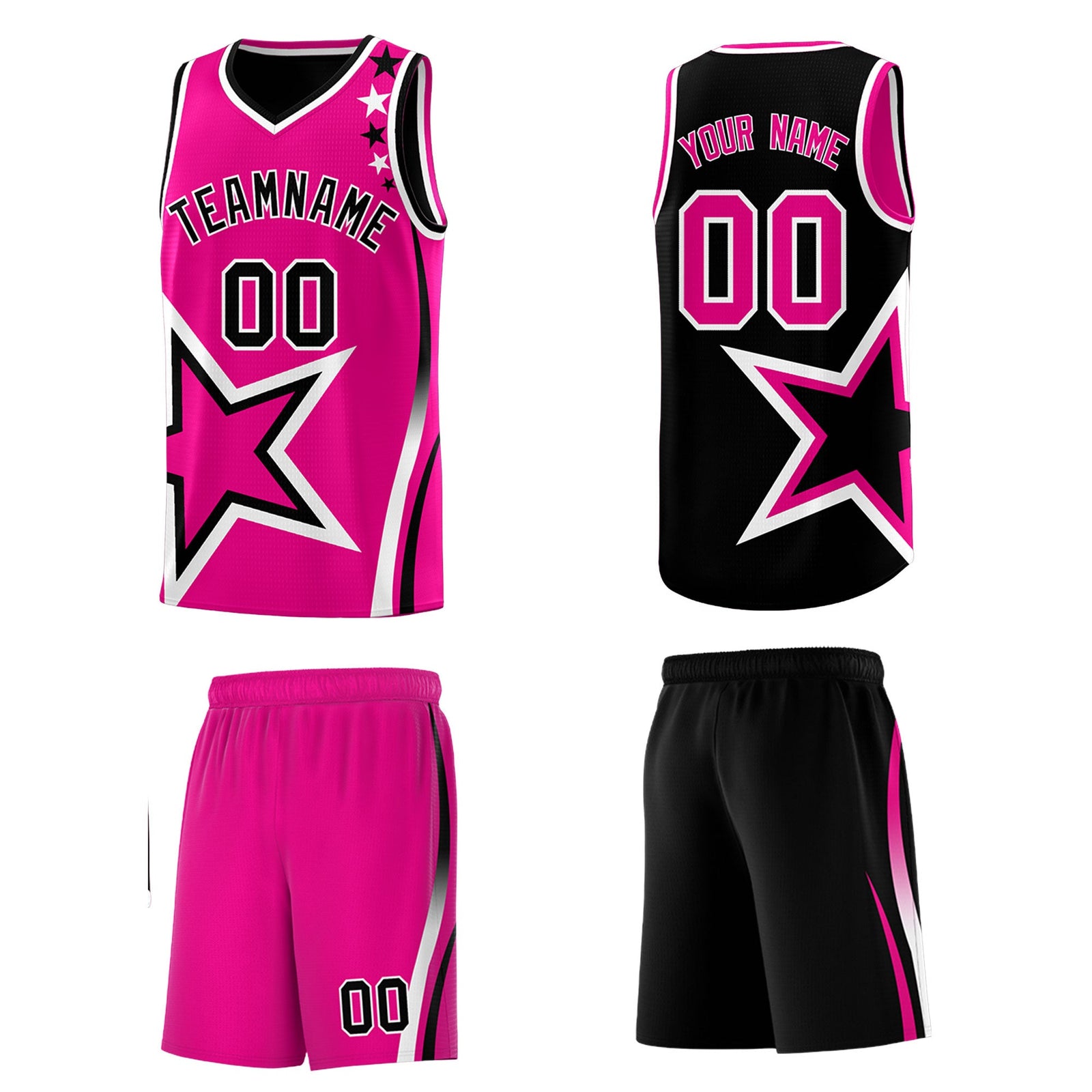 Custom Black Pink White Star Series Reversible Sets Basketball Jersey| KXKSHOP