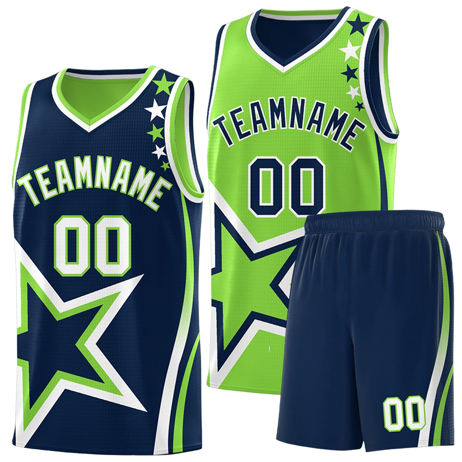 Custom Navy Fluorescent Green White Star Series Reversible Sets Basketball Jersey| KXKSHOP