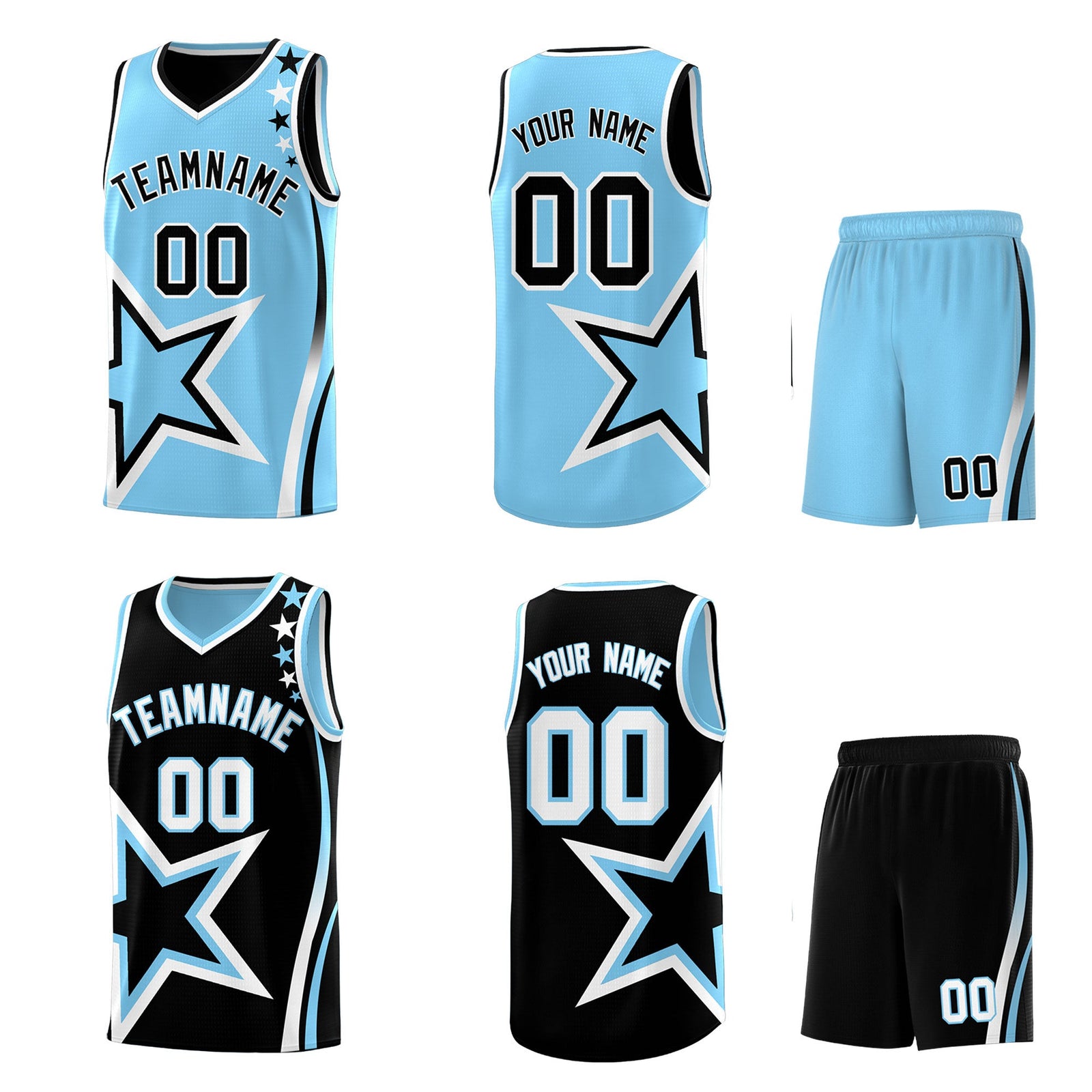 Custom Black Light Blue White Star Series Reversible Sets Basketball Jersey| KXKSHOP