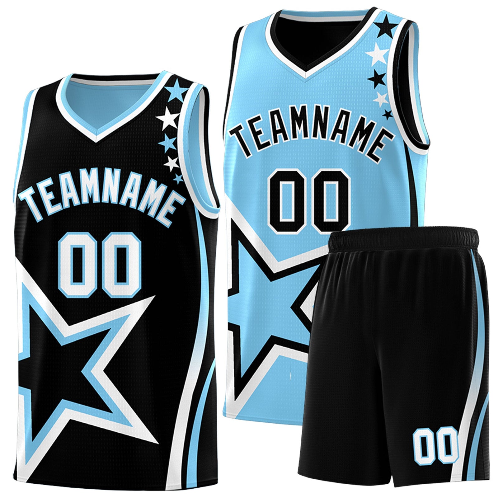 Custom Black Light Blue White Star Series Reversible Sets Basketball Jersey| KXKSHOP