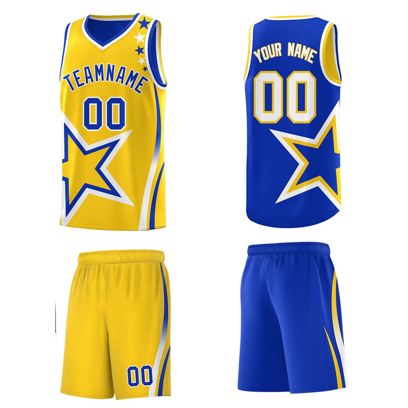 Custom Royal Blue Gold White Star Series Reversible Sets Basketball Jersey| KXKSHOP