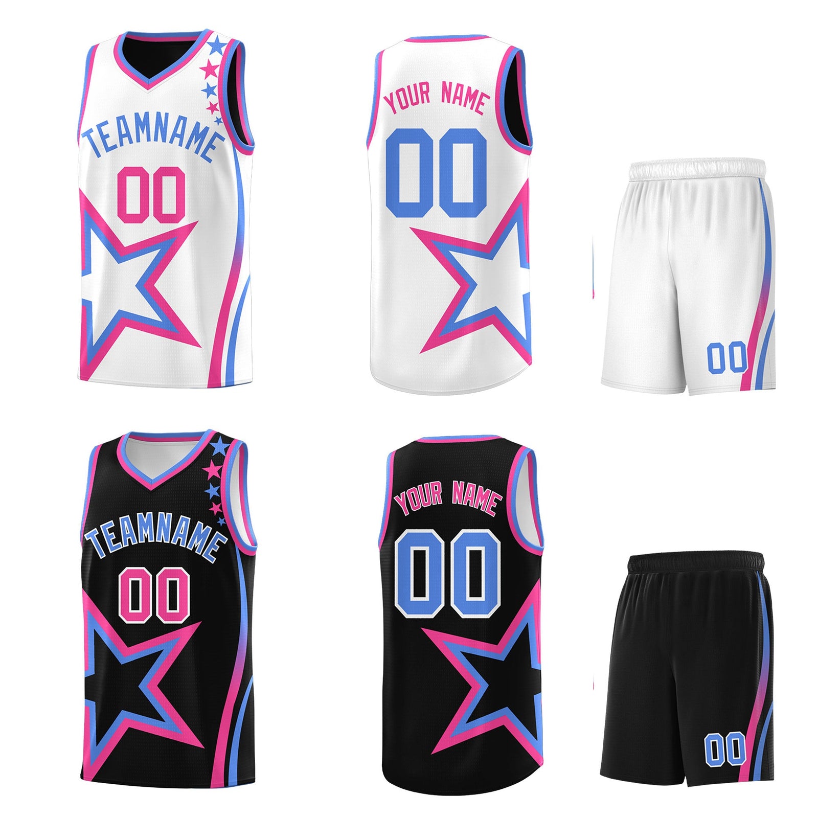 Custom Black Light Blue Pink Star Series Reversible Sets Basketball Jersey| KXKSHOP