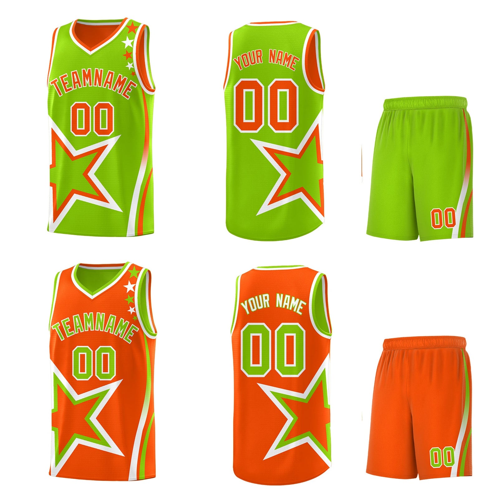 Custom Orange Neon Green White Star Series Reversible Sets Basketball Jersey| KXKSHOP