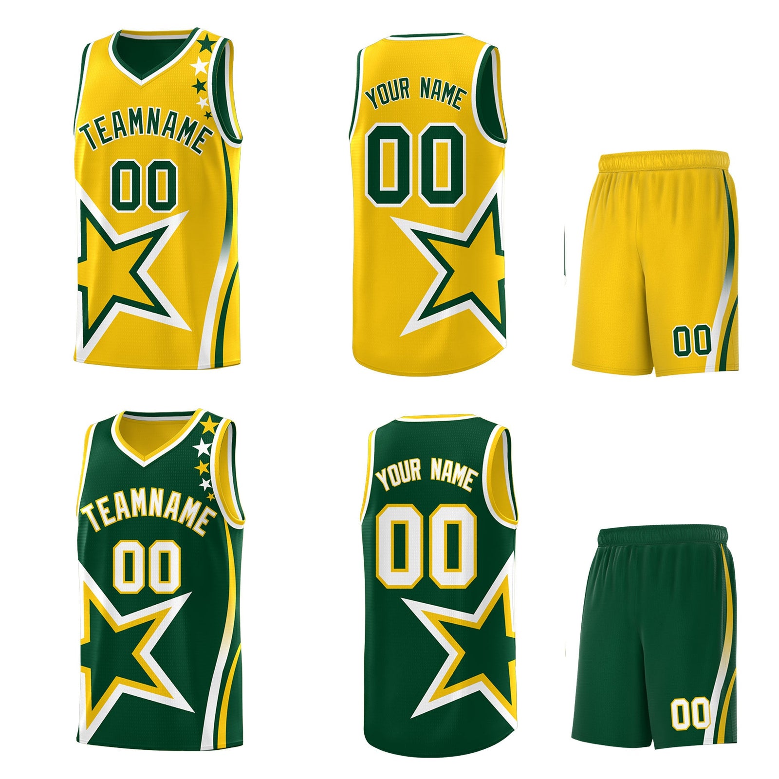 Custom Green Gold White Star Series Reversible Sets Basketball Jersey| KXKSHOP