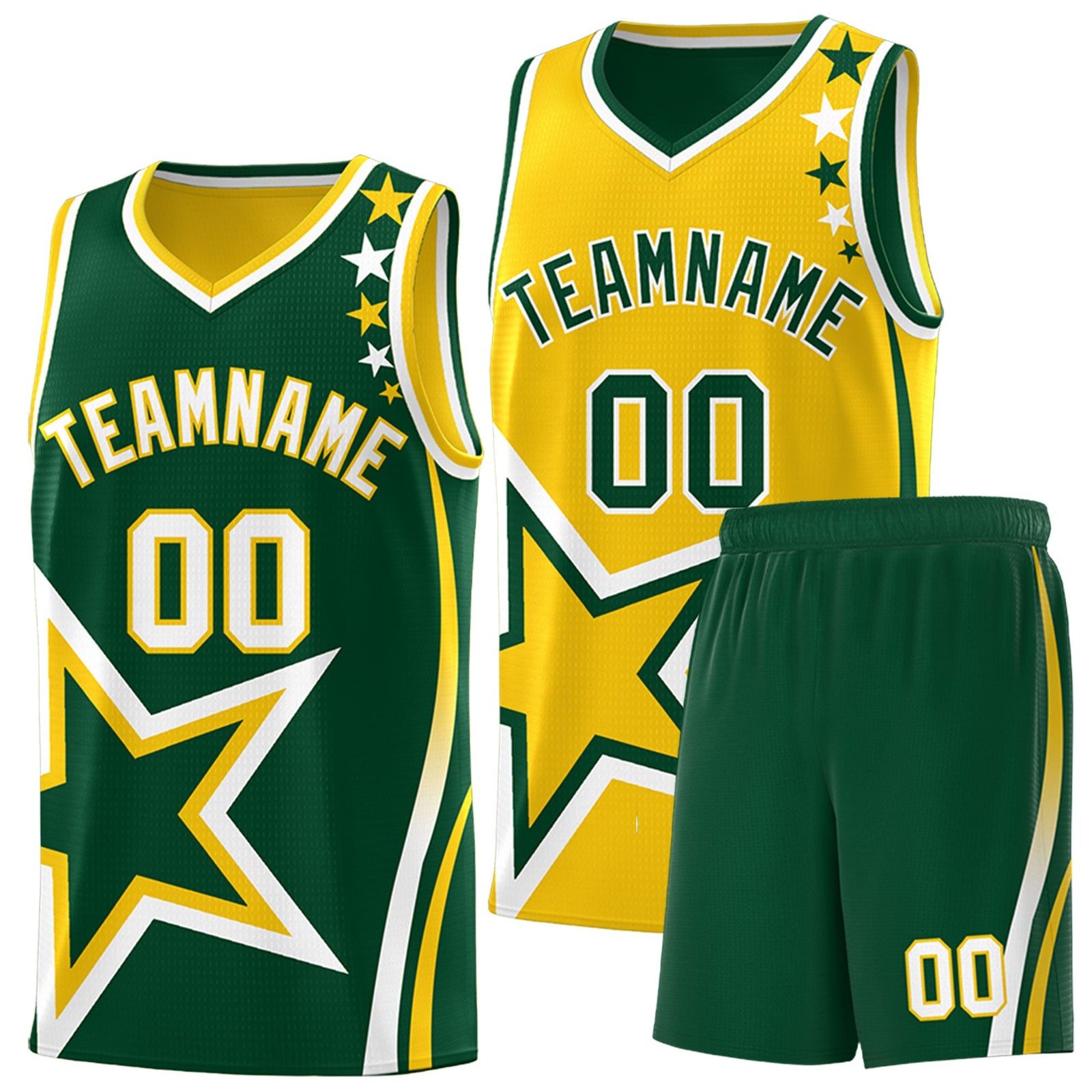 Custom Green Gold White Star Series Reversible Sets Basketball Jersey| KXKSHOP