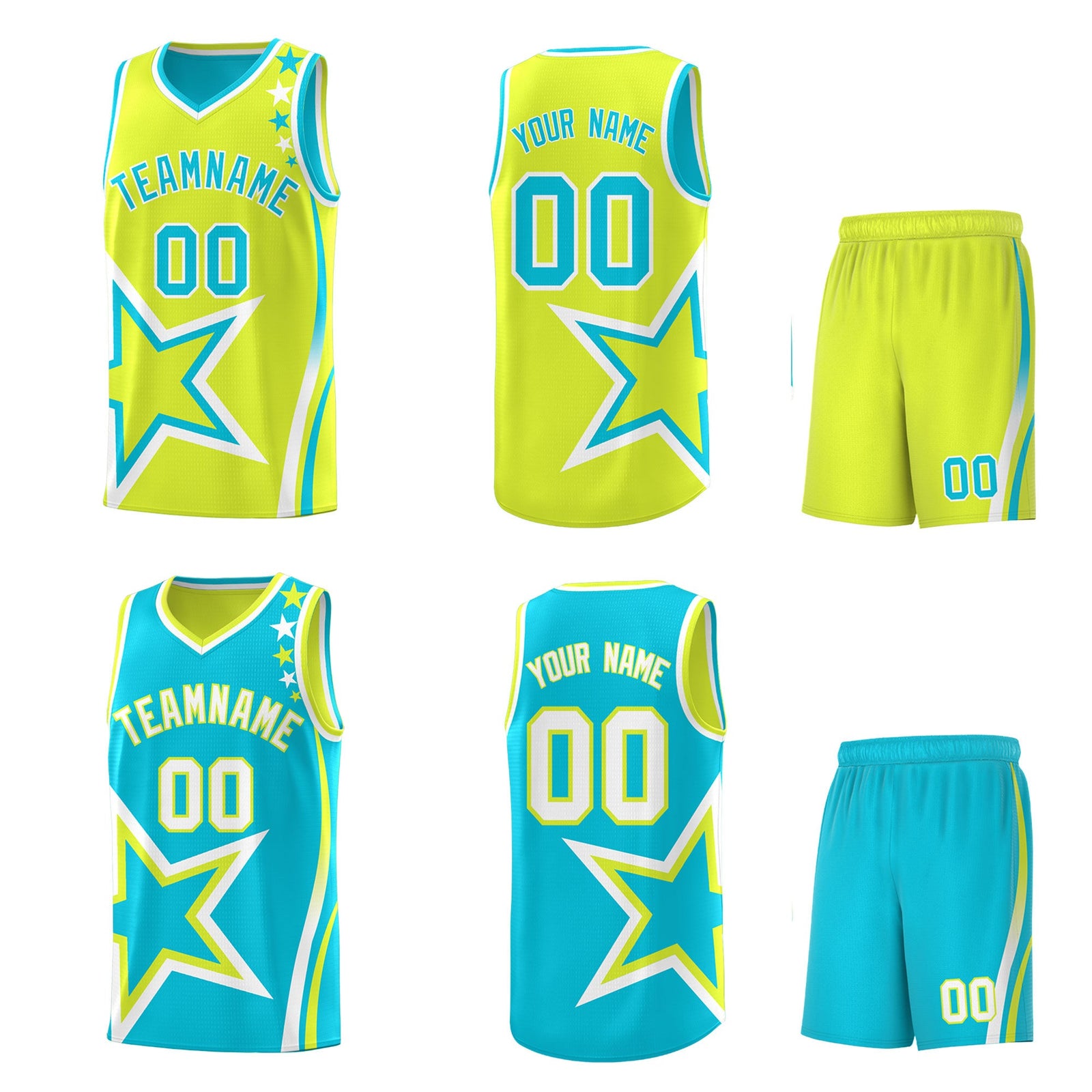 Custom Sky Blue Fluorescent Green White Star Series Reversible Sets Basketball Jersey| KXKSHOP