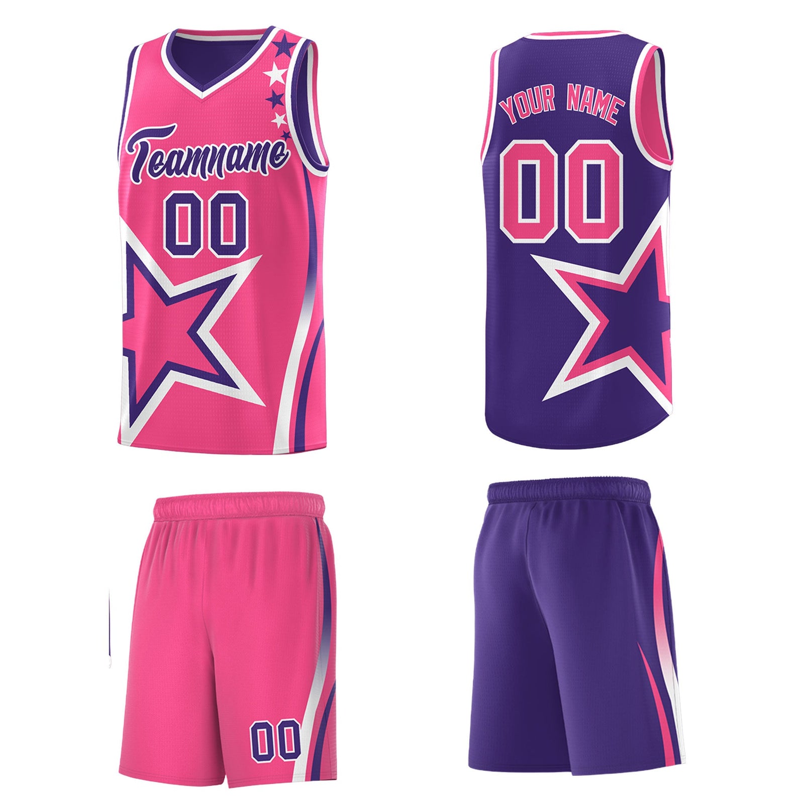 Custom Purple Pink White Star Series Reversible Sets Basketball Jersey| KXKSHOP