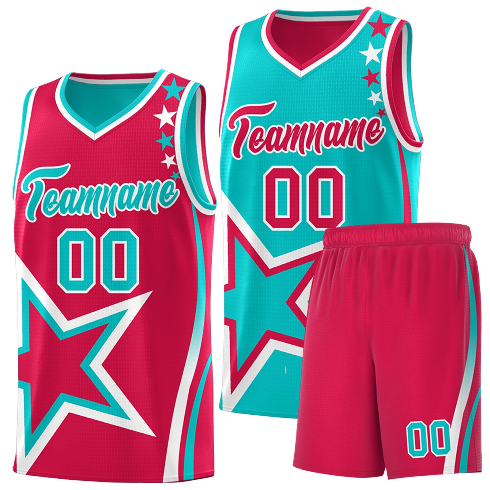 Custom Red Aqua White Star Series Reversible Sets Basketball Jersey| KXKSHOP