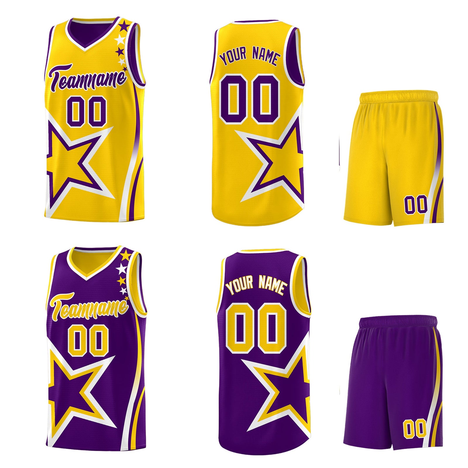 Custom Purple Gold White Star Series Reversible Sets Basketball Jersey| KXKSHOP