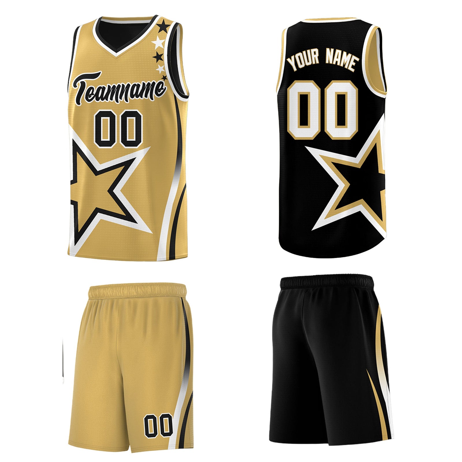 Custom Black Old Gold White Star Series Reversible Sets Basketball Jersey| KXKSHOP