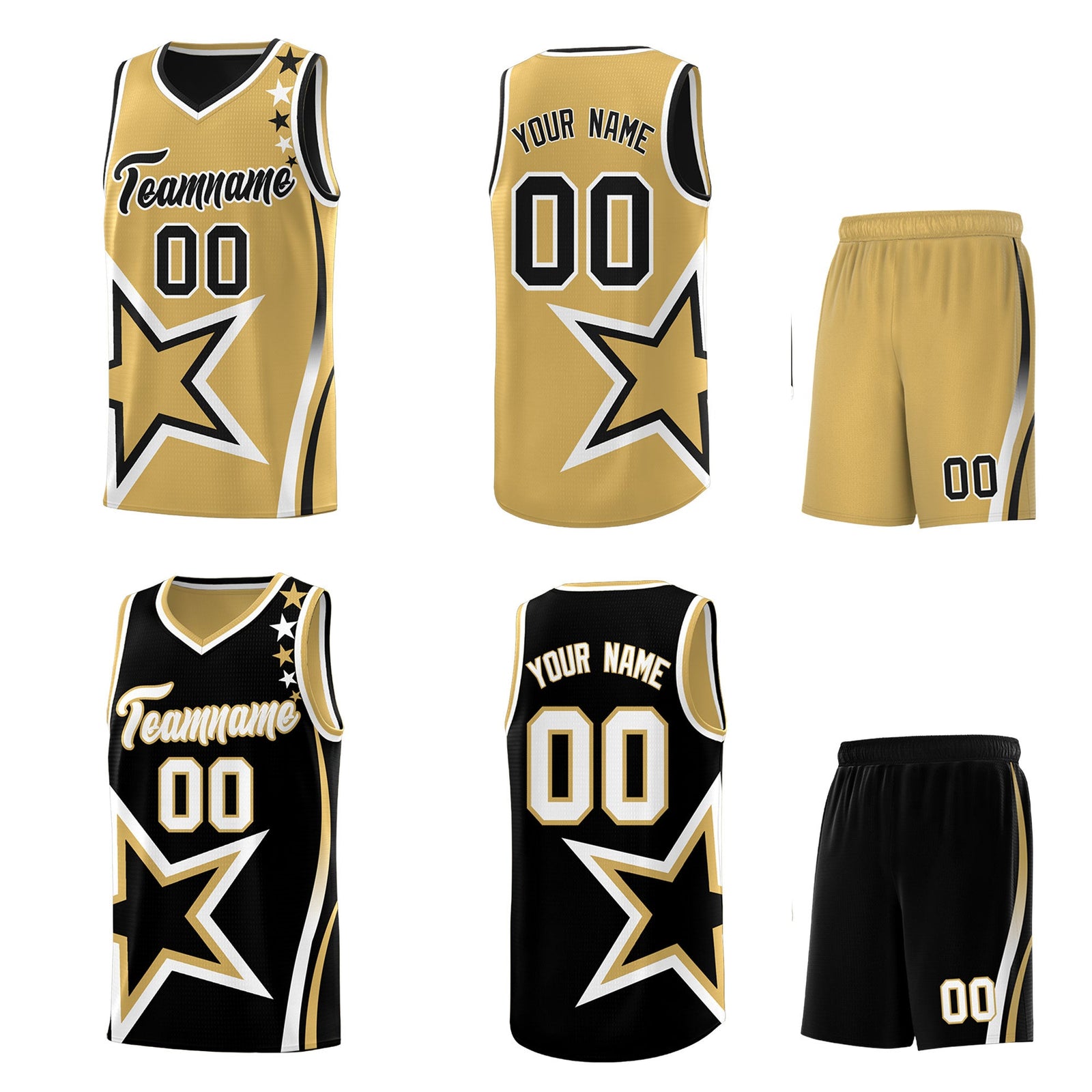 Custom Black Old Gold White Star Series Reversible Sets Basketball Jersey| KXKSHOP