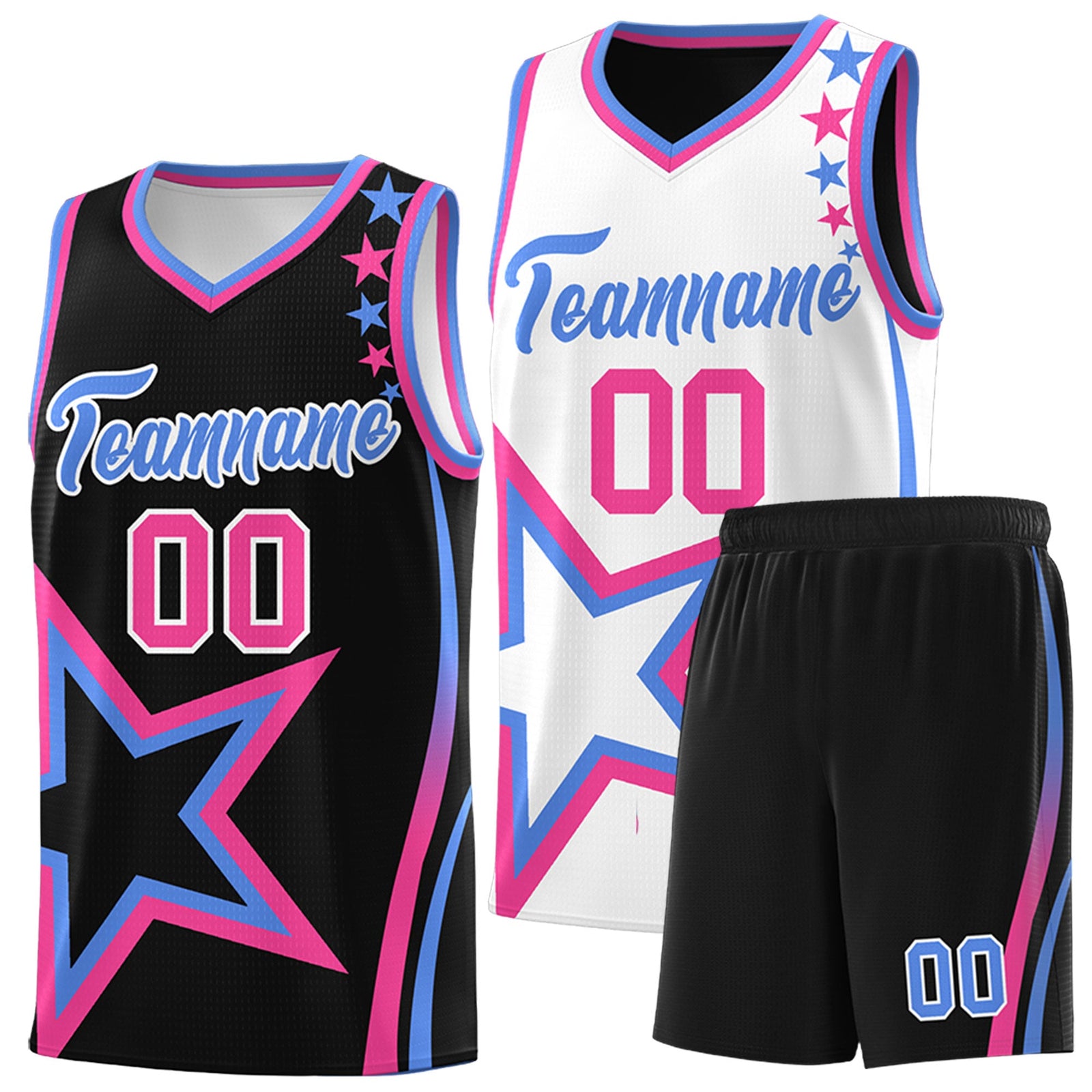 Custom Black Light Blue Pink Star Series Reversible Sets Basketball Jersey| KXKSHOP