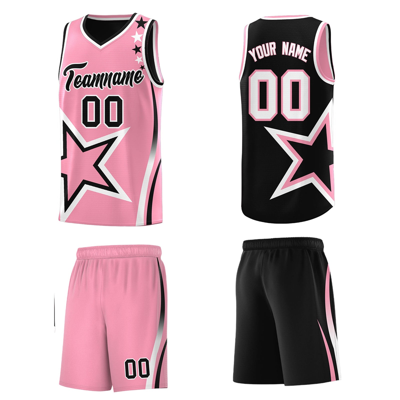Custom Black Light Pink White Star Series Reversible Sets Basketball Jersey| KXKSHOP