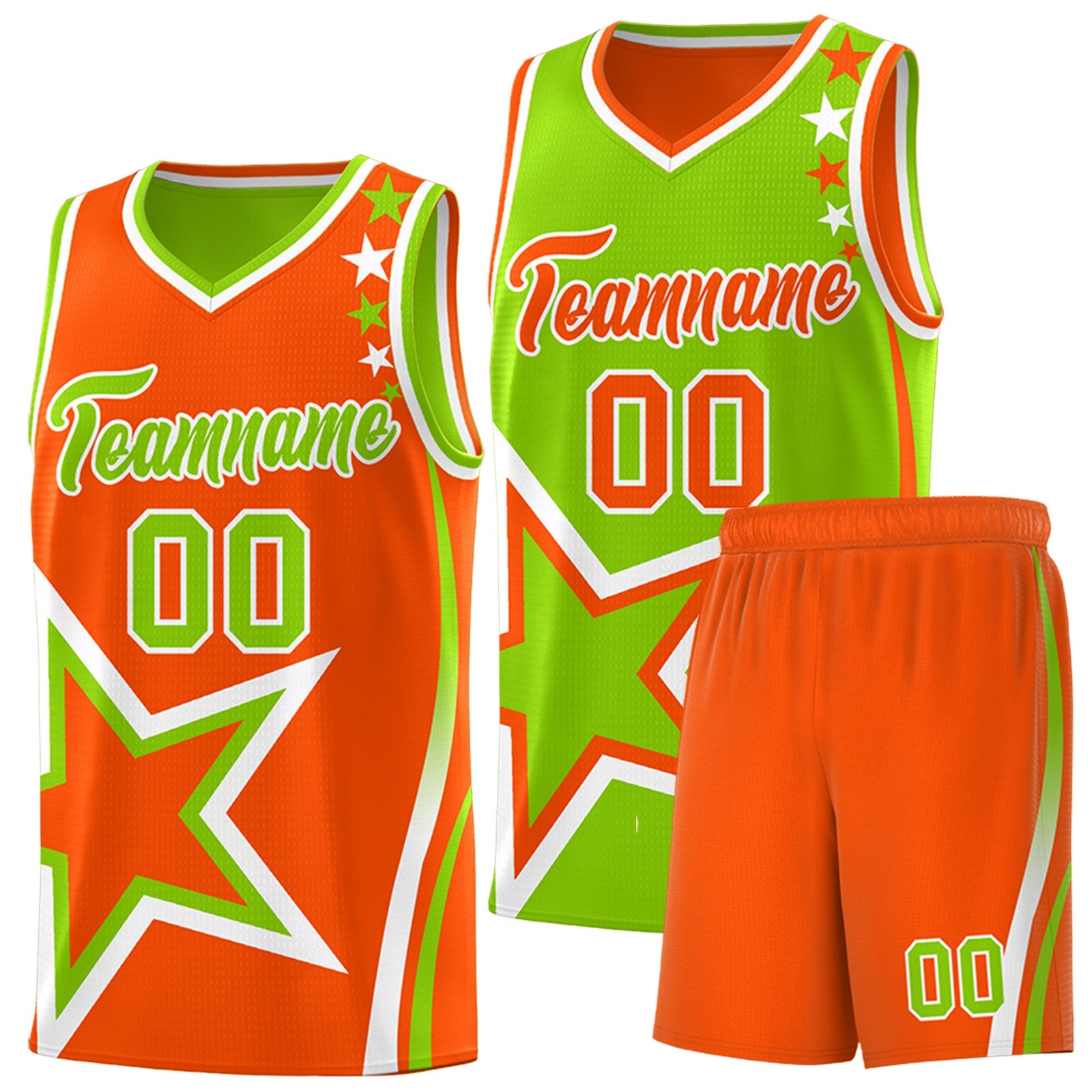 Custom Orange Neon Green White Star Series Reversible Sets Basketball Jersey| KXKSHOP