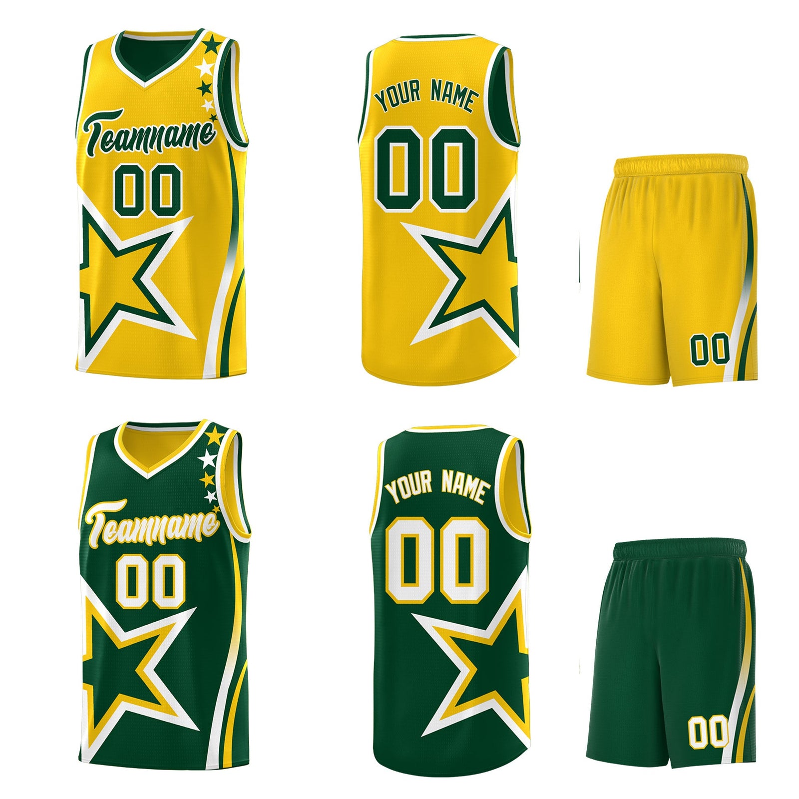 Custom Green Gold White Star Series Reversible Sets Basketball Jersey| KXKSHOP