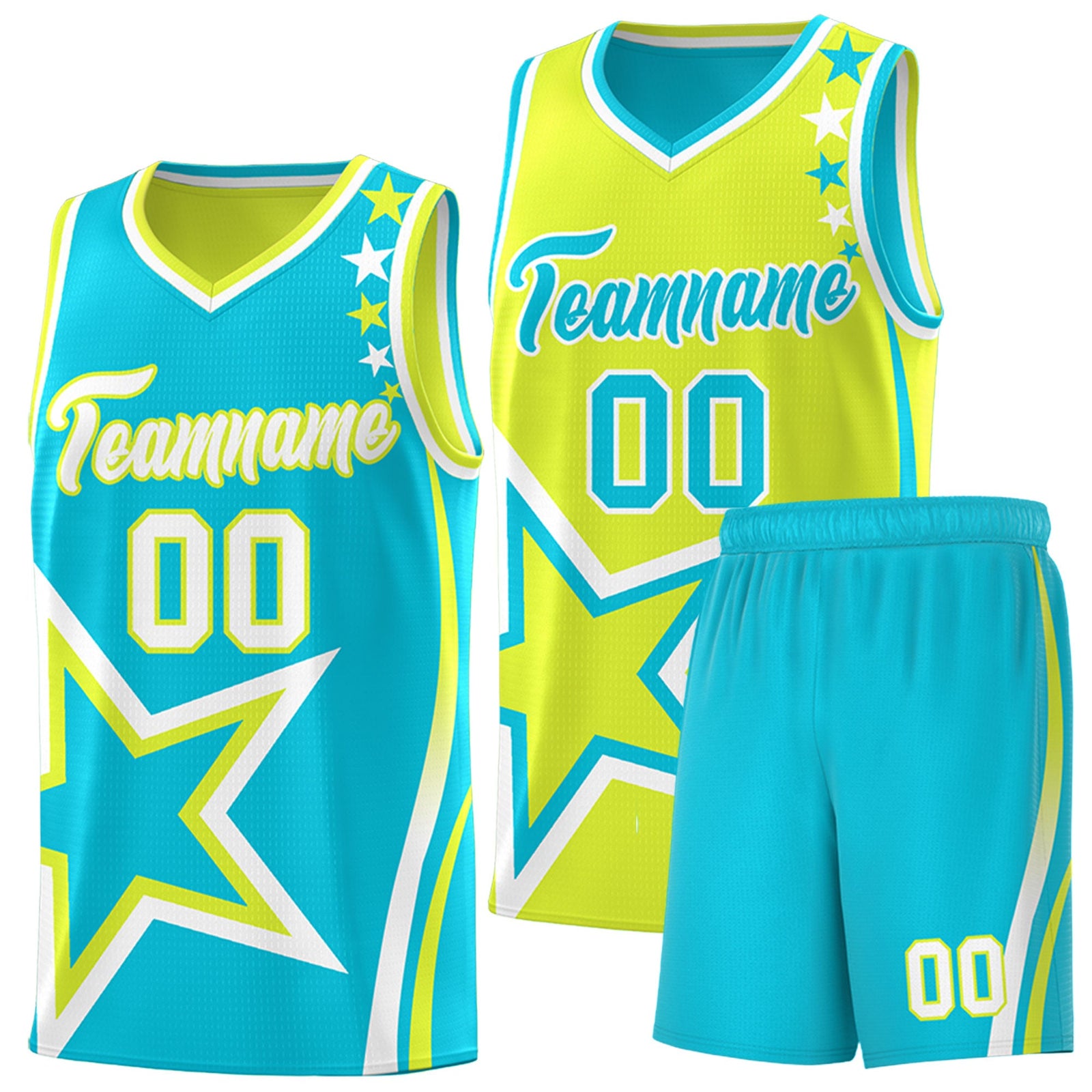 Custom Sky Blue Fluorescent Green White Star Series Reversible Sets Basketball Jersey| KXKSHOP