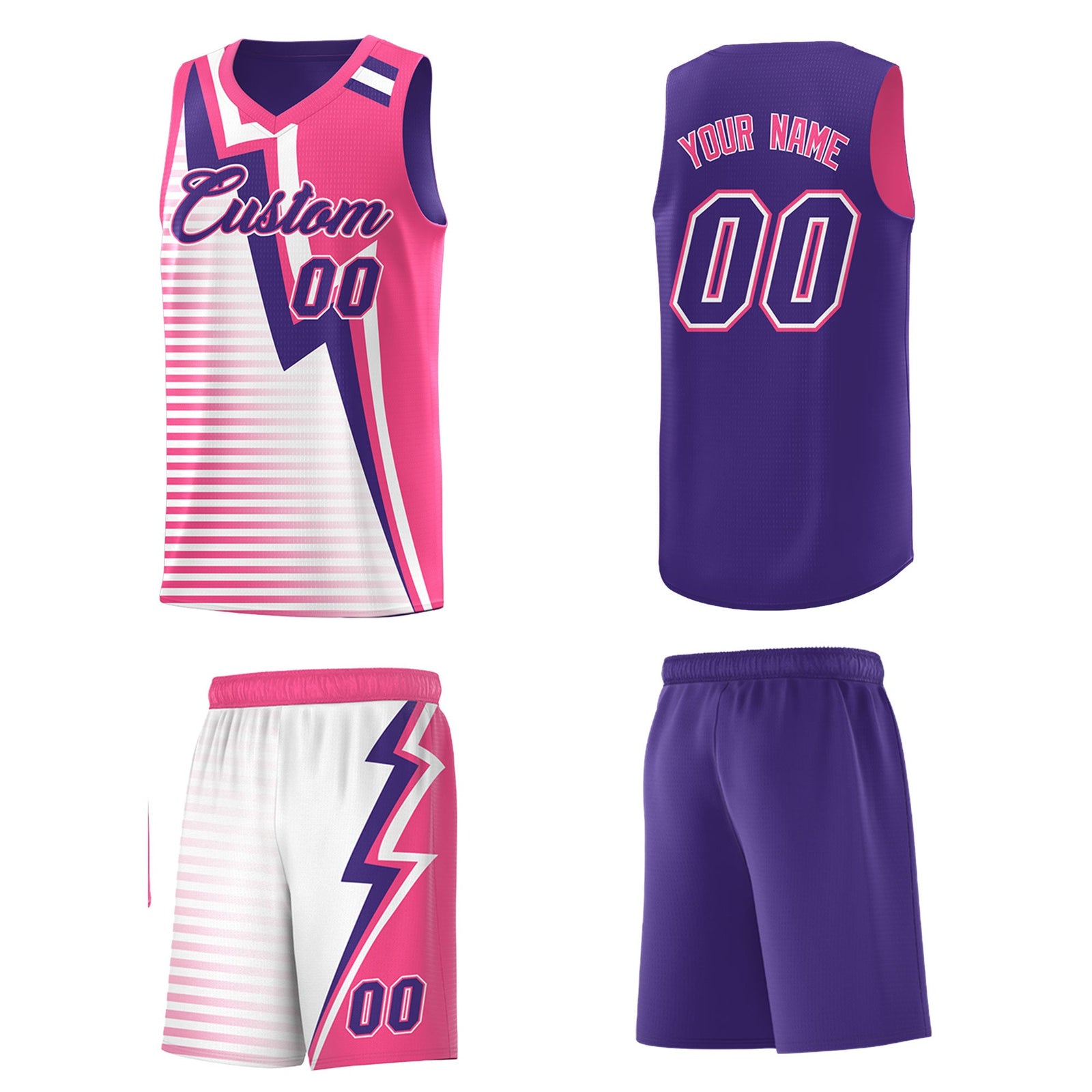 Custom Purple Pink White Gradient Stripes Lightning Pattern Reversible Sets Basketball Jersey| KXKSHOP