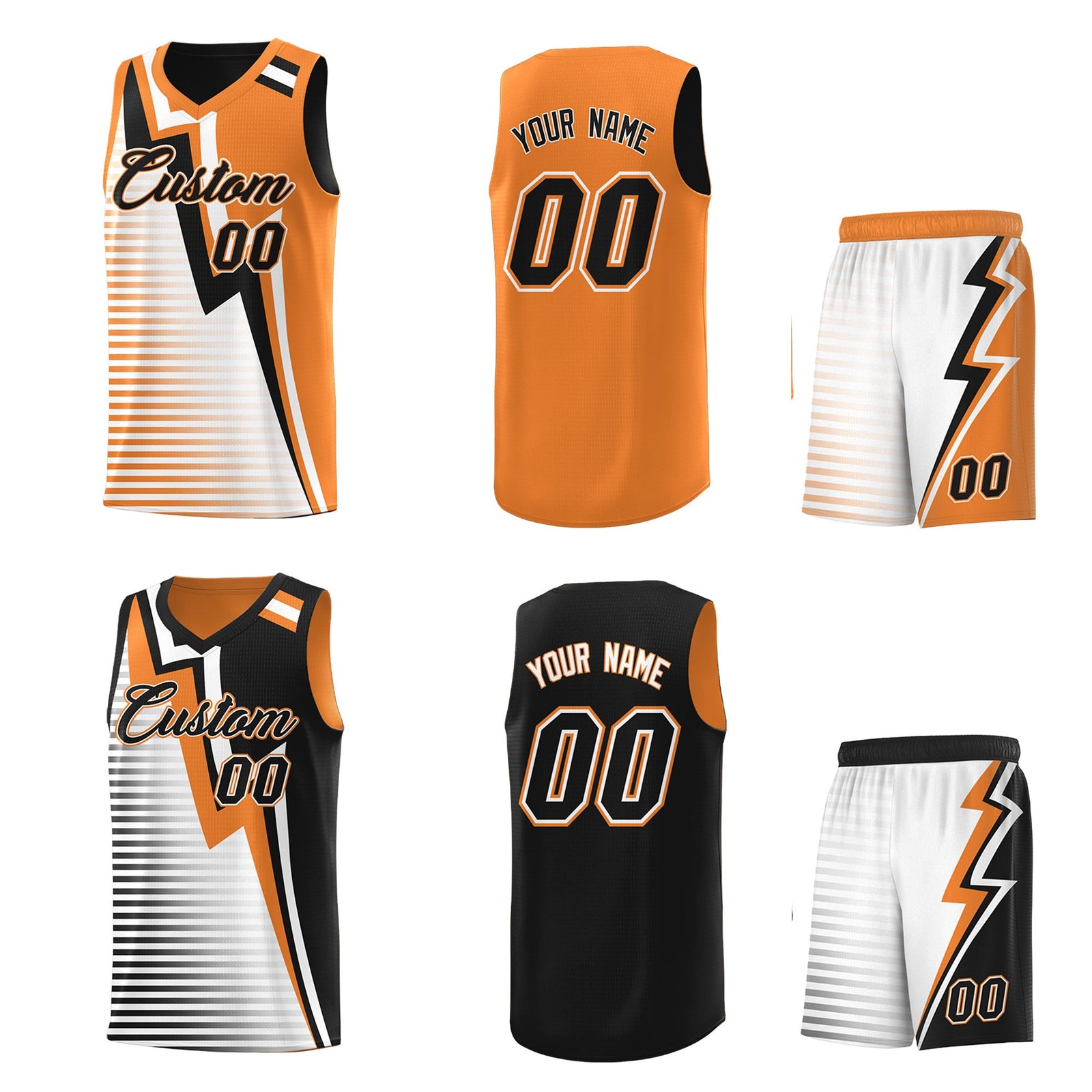 Custom Black Gold Orange White Gradient Stripes Lightning Pattern Reversible Sets Basketball Jersey| KXKSHOP