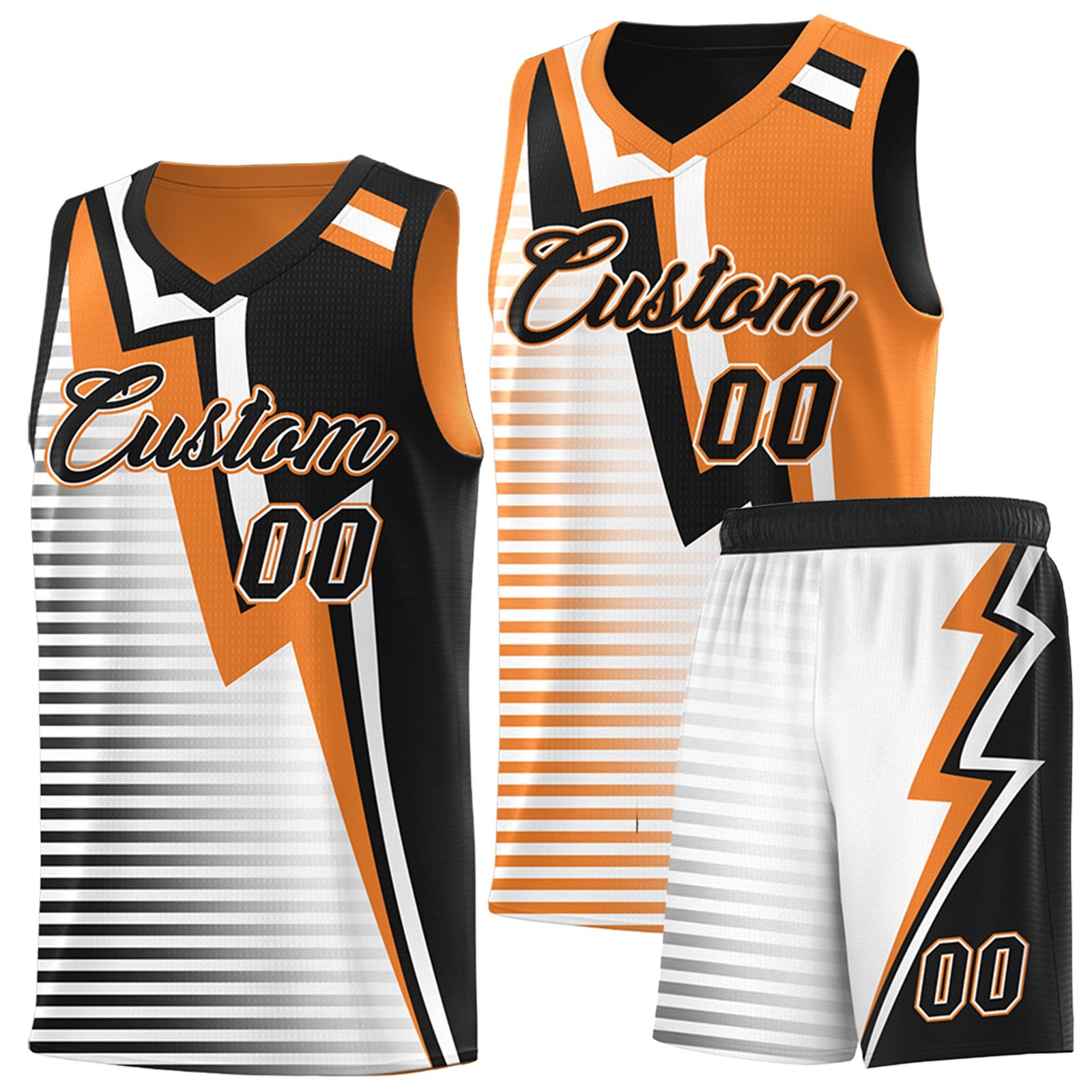 Custom Black Gold Orange White Gradient Stripes Lightning Pattern Reversible Sets Basketball Jersey| KXKSHOP