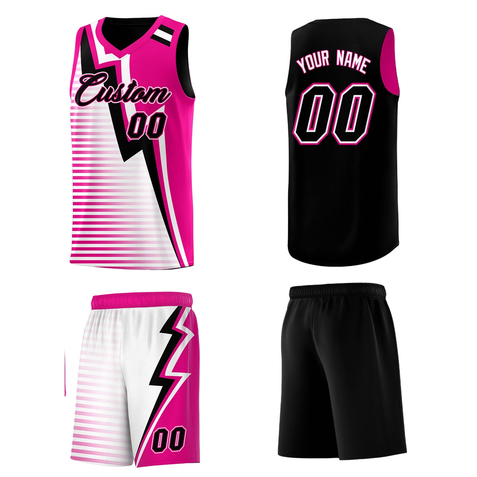 Custom Black Pink White Gradient Stripes Lightning Pattern Reversible Sets Basketball Jersey| KXKSHOP