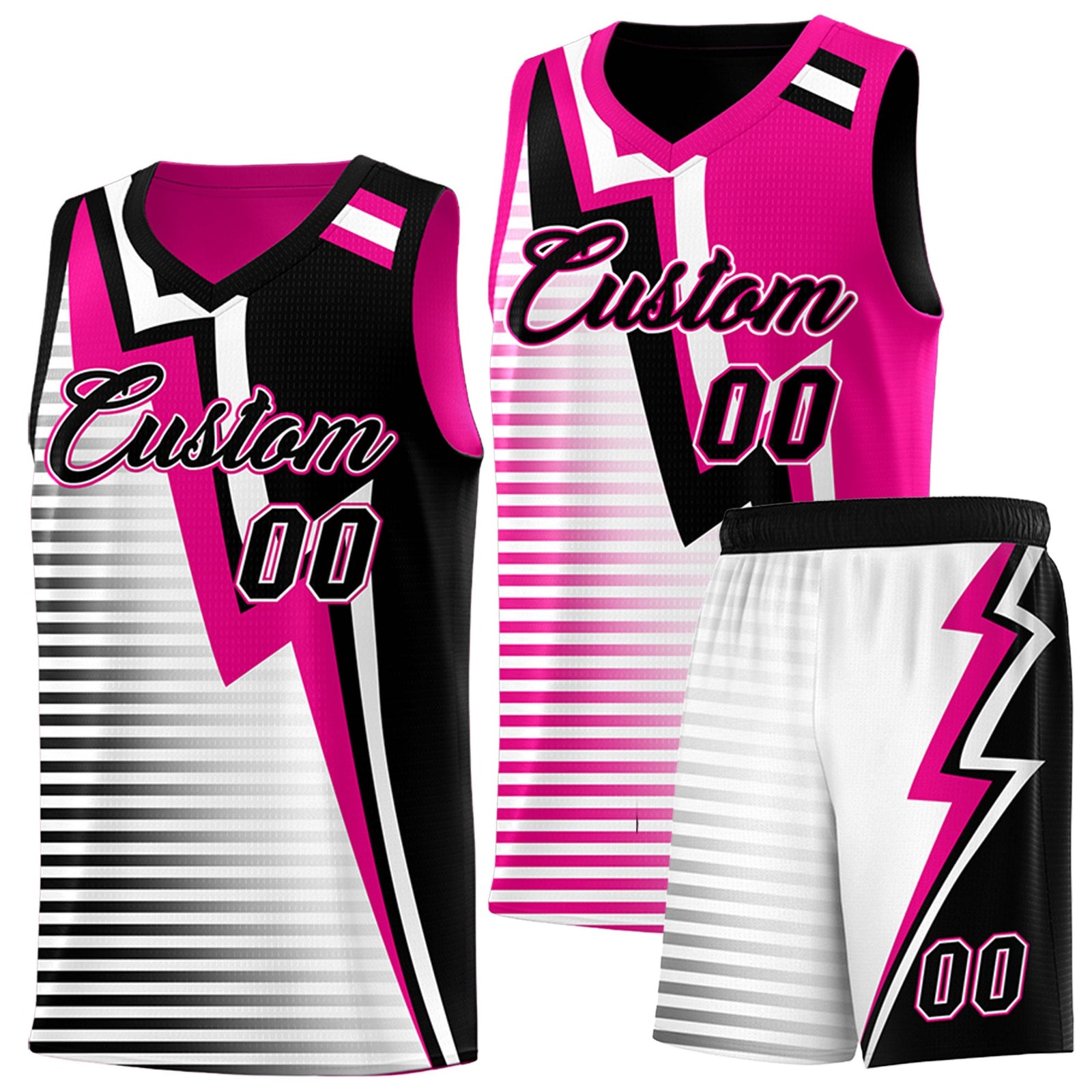 Custom Black Pink White Gradient Stripes Lightning Pattern Reversible Sets Basketball Jersey| KXKSHOP