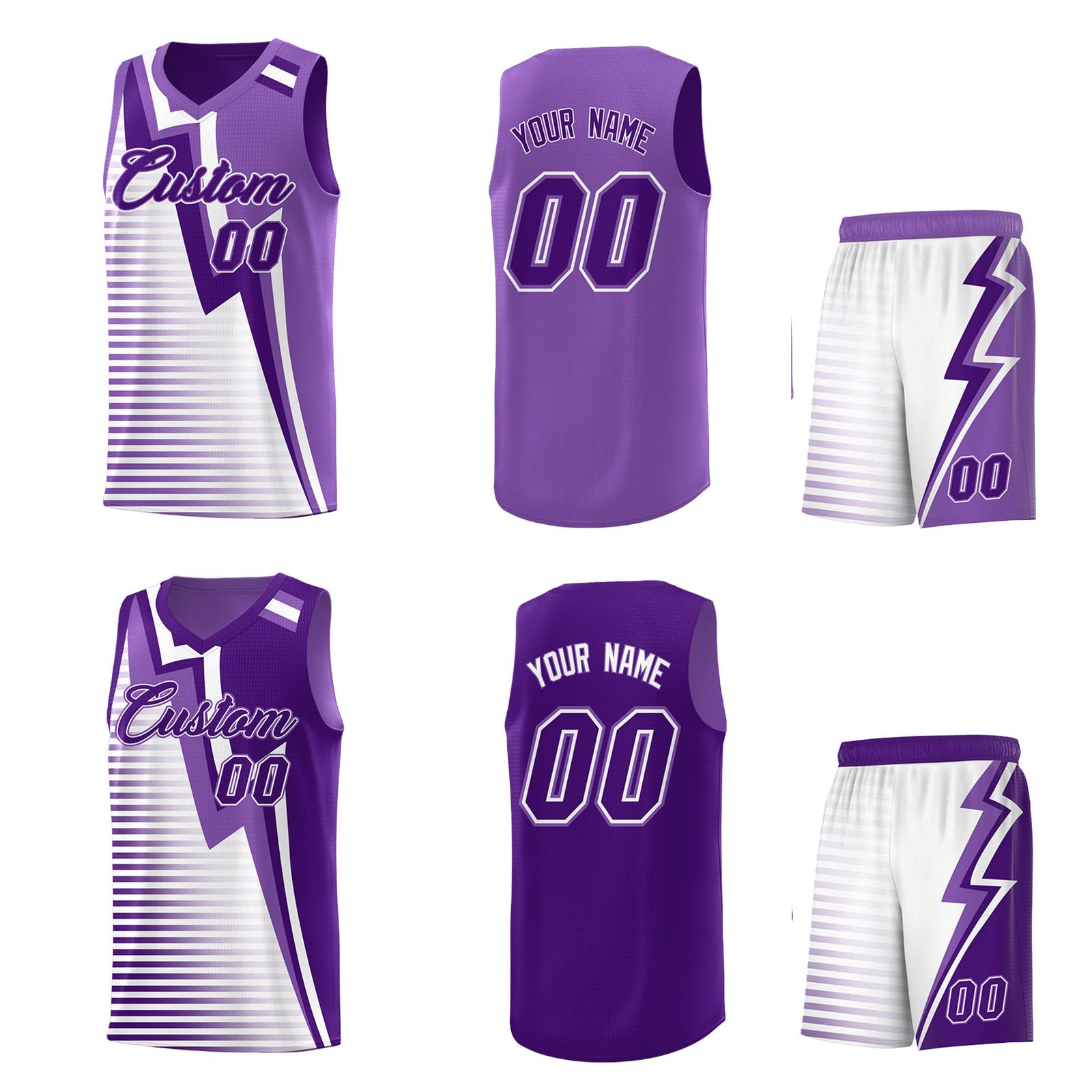 Custom Purple Light Purple White Gradient Stripes Lightning Pattern Reversible Sets Basketball Jersey| KXKSHOP