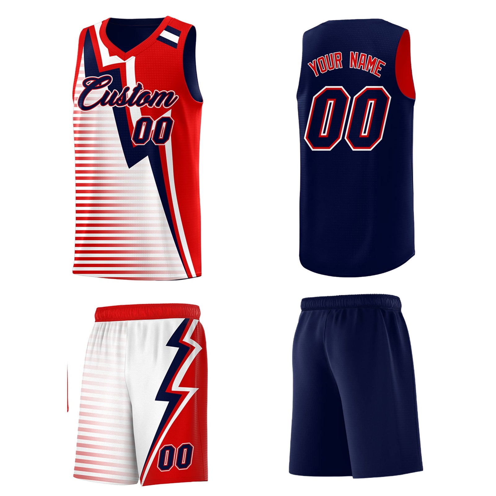 Custom Navy Red White Gradient Stripes Lightning Pattern Reversible Sets Basketball Jersey| KXKSHOP
