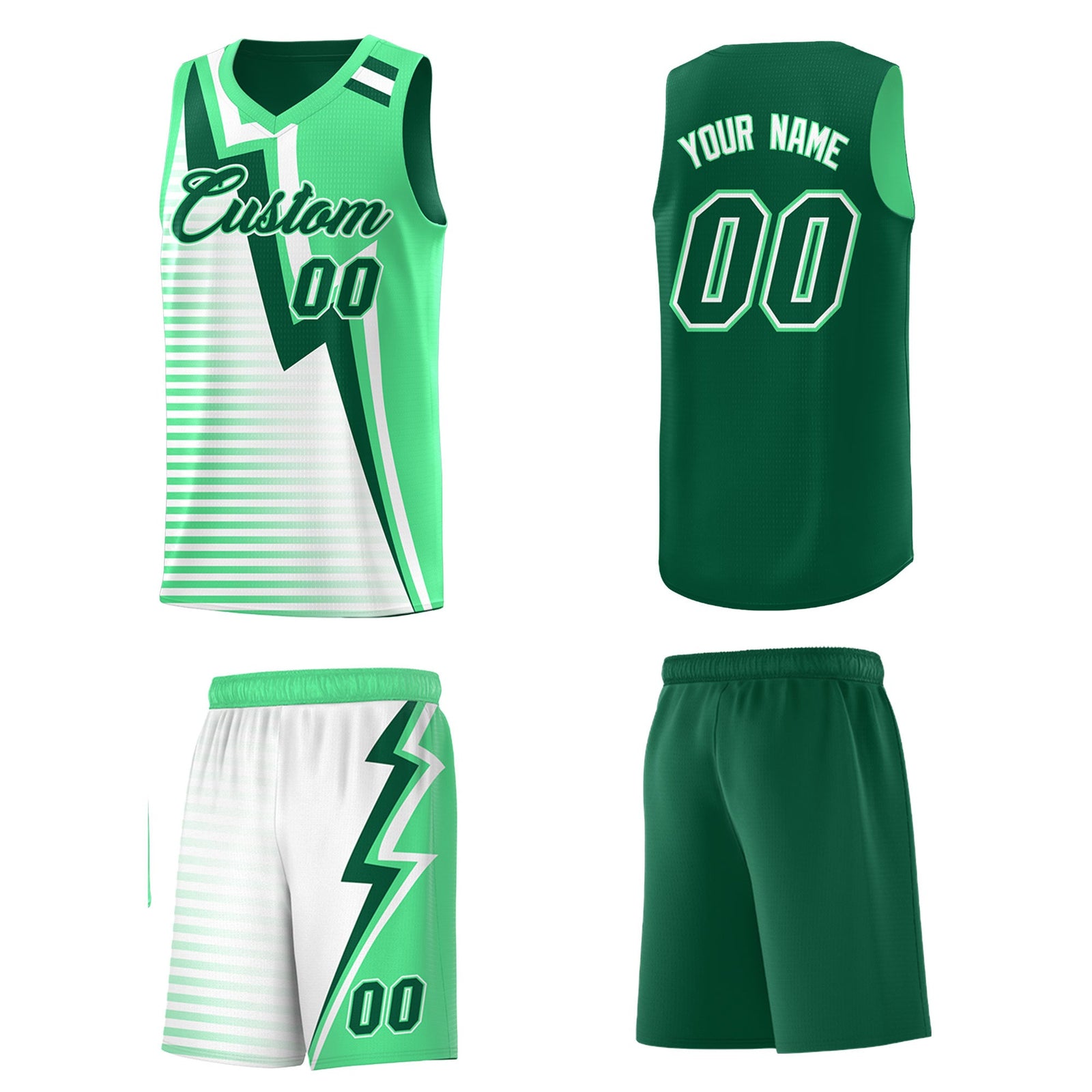 Custom Kelly Green Green White Gradient Stripes Lightning Pattern Reversible Sets Basketball Jersey| KXKSHOP