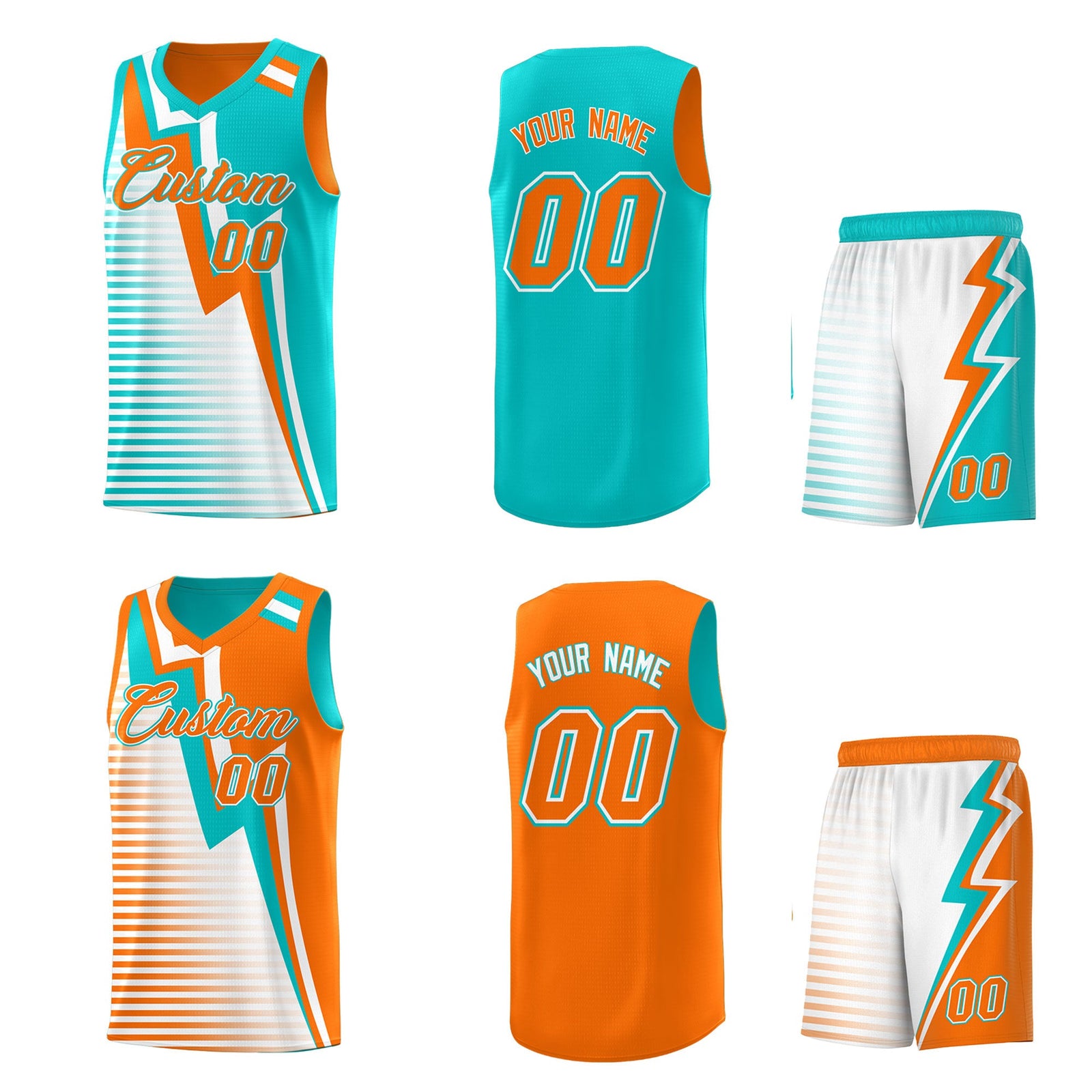 Custom Orange Aqua White Gradient Stripes Lightning Pattern Reversible Sets Basketball Jersey| KXKSHOP