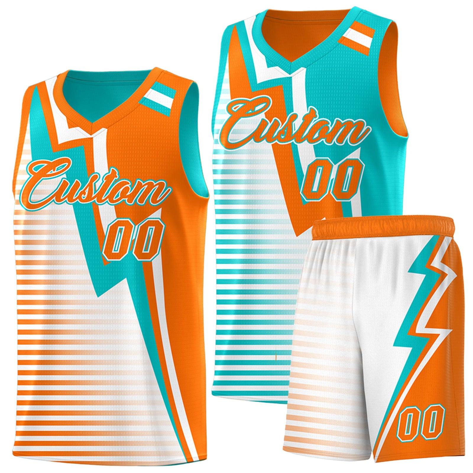 Custom Orange Aqua White Gradient Stripes Lightning Pattern Reversible Sets Basketball Jersey| KXKSHOP