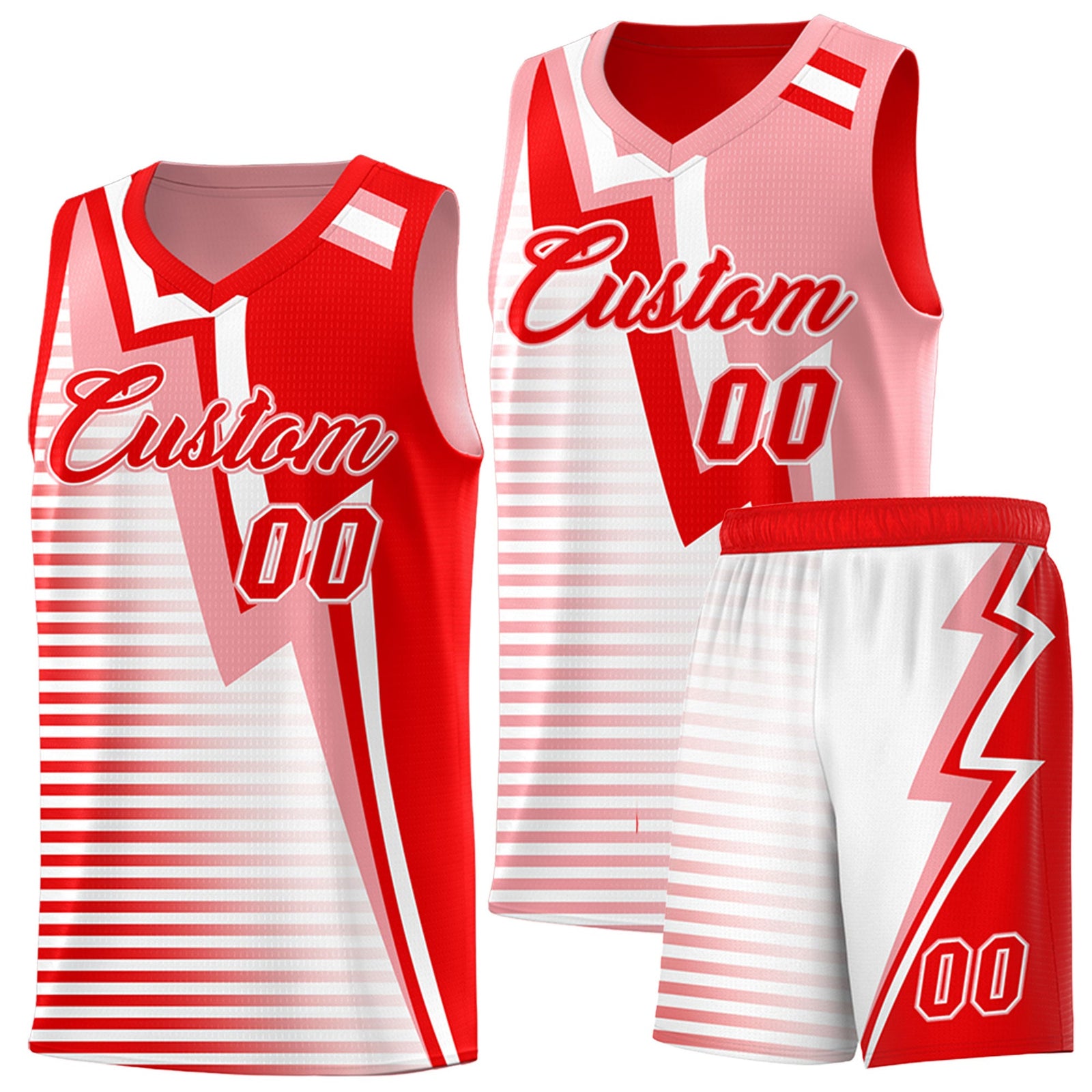 Custom Light Red Light Pink White Gradient Stripes Lightning Pattern Reversible Sets Basketball Jersey| KXKSHOP