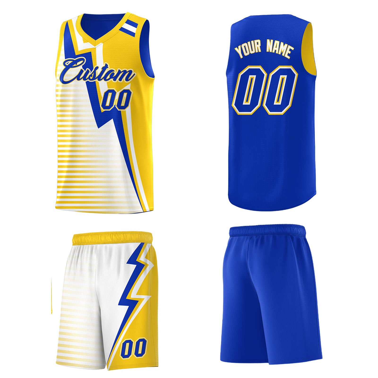 Custom Royal Blue Gold White Gradient Stripes Lightning Pattern Reversible Sets Basketball Jersey| KXKSHOP