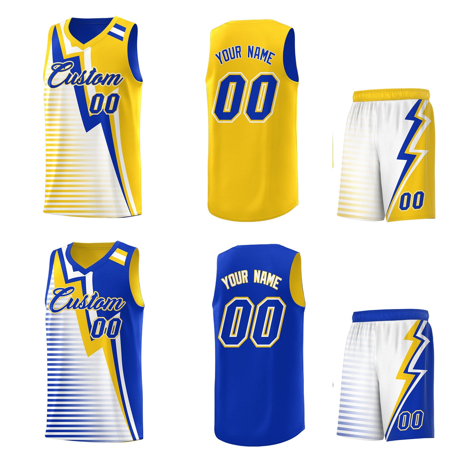 Custom Royal Blue Gold White Gradient Stripes Lightning Pattern Reversible Sets Basketball Jersey| KXKSHOP