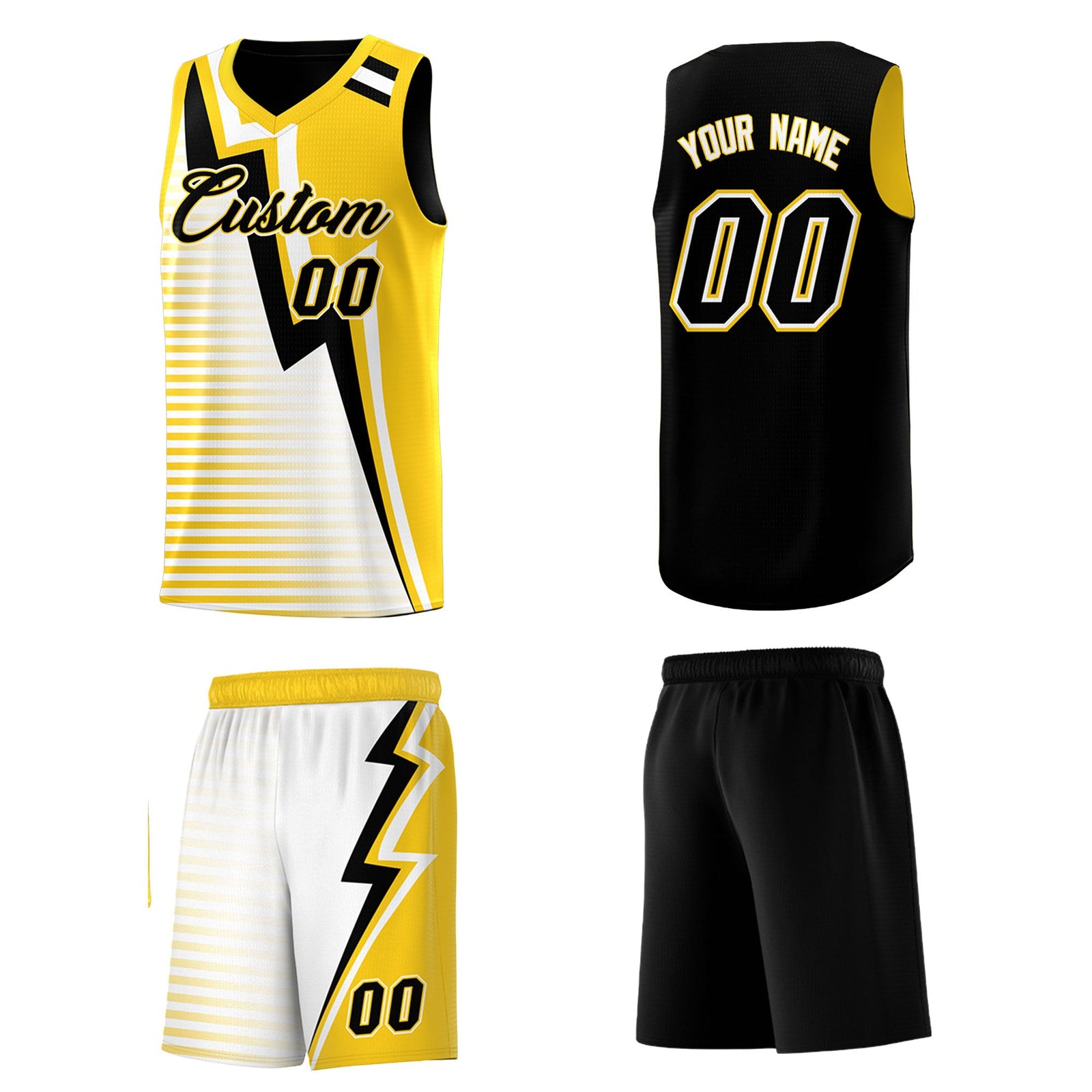 Custom Black Gold White Gradient Stripes Lightning Pattern Reversible Sets Basketball Jersey| KXKSHOP
