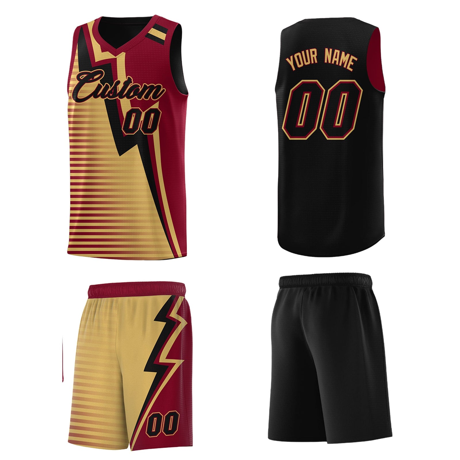 Custom Black Old Gold Crimson Gradient Stripes Lightning Pattern Reversible Sets Basketball Jersey| KXKSHOP