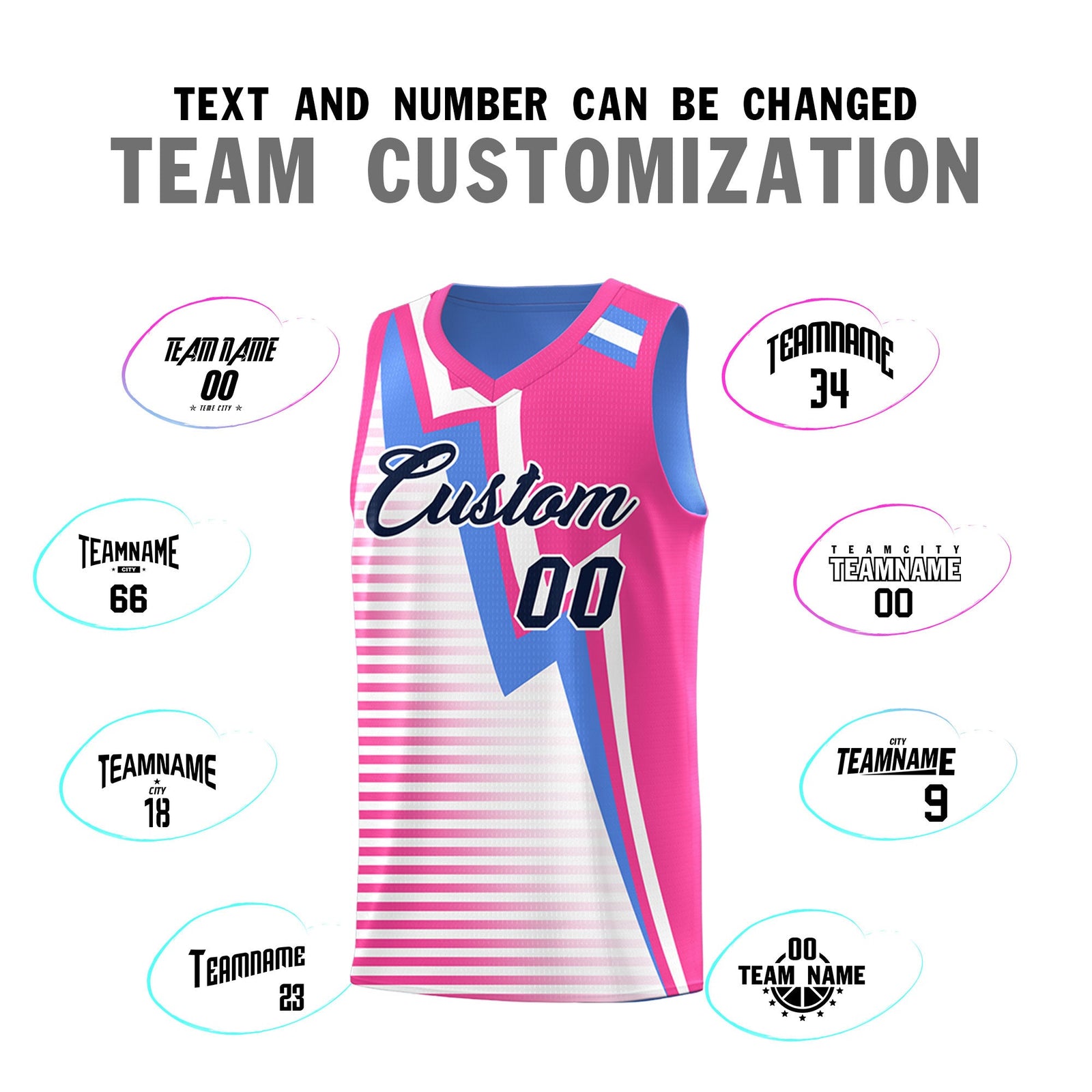 Custom Powder Blue Pink White Gradient Stripes Lightning Pattern Reversible Sets Basketball Jersey| KXKSHOP