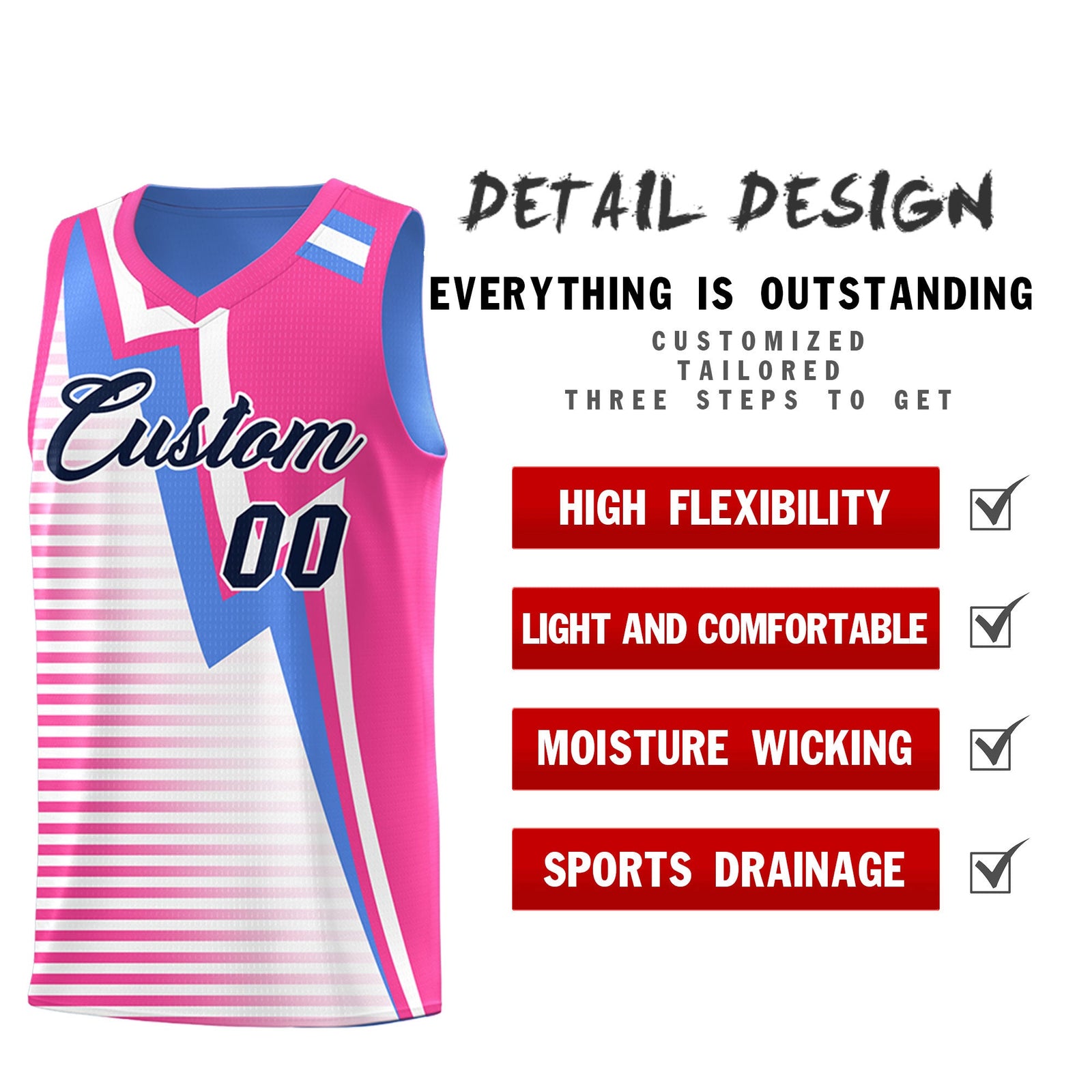 Custom Powder Blue Pink White Gradient Stripes Lightning Pattern Reversible Sets Basketball Jersey| KXKSHOP