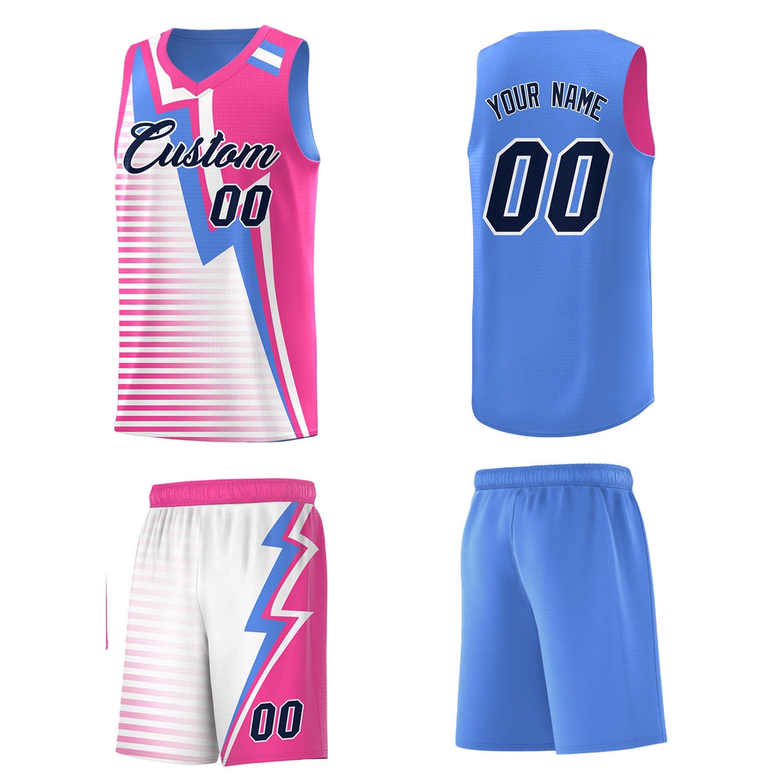 Custom Powder Blue Pink White Gradient Stripes Lightning Pattern Reversible Sets Basketball Jersey| KXKSHOP