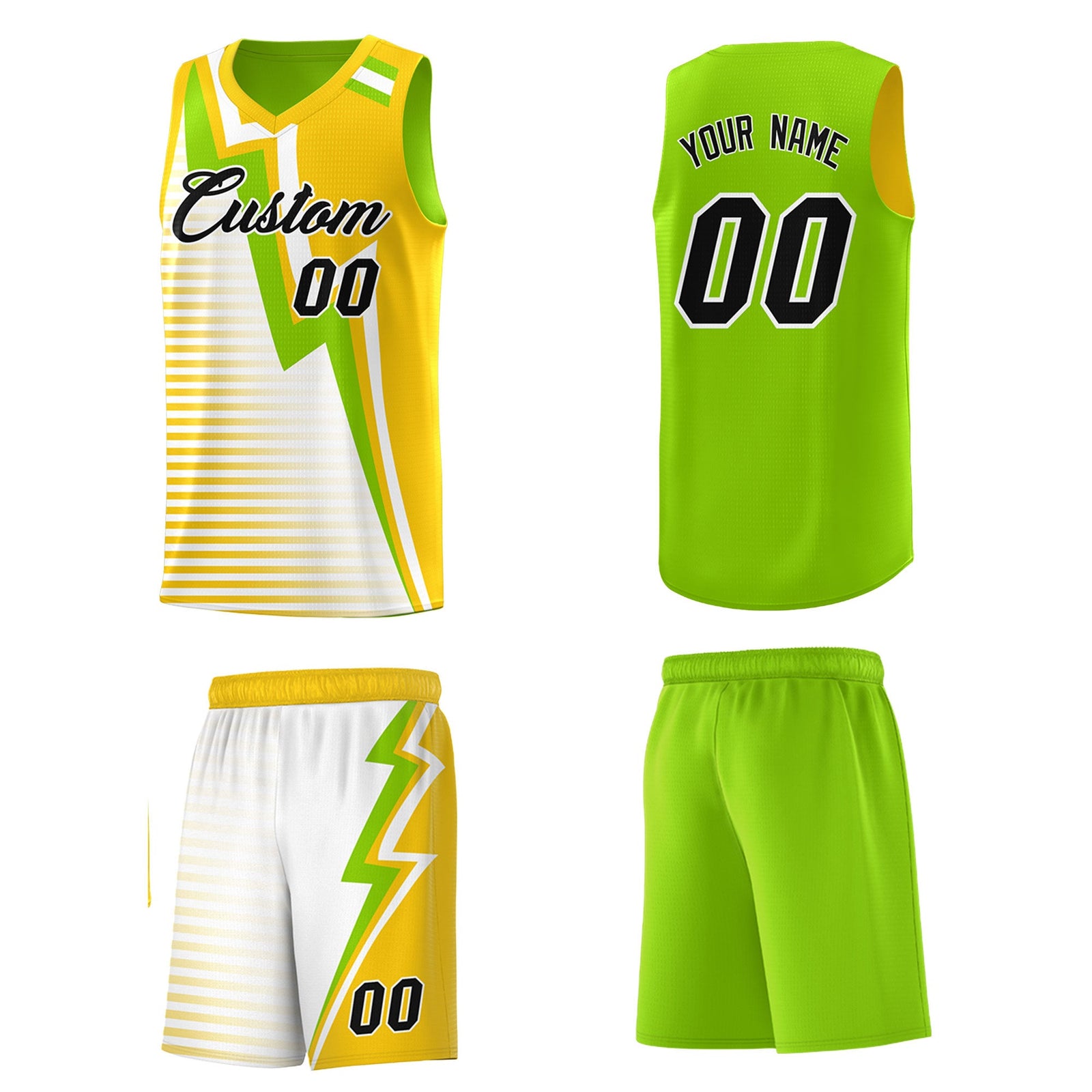 Custom Neon Green Gold White Gradient Stripes Lightning Pattern Reversible Sets Basketball Jersey| KXKSHOP