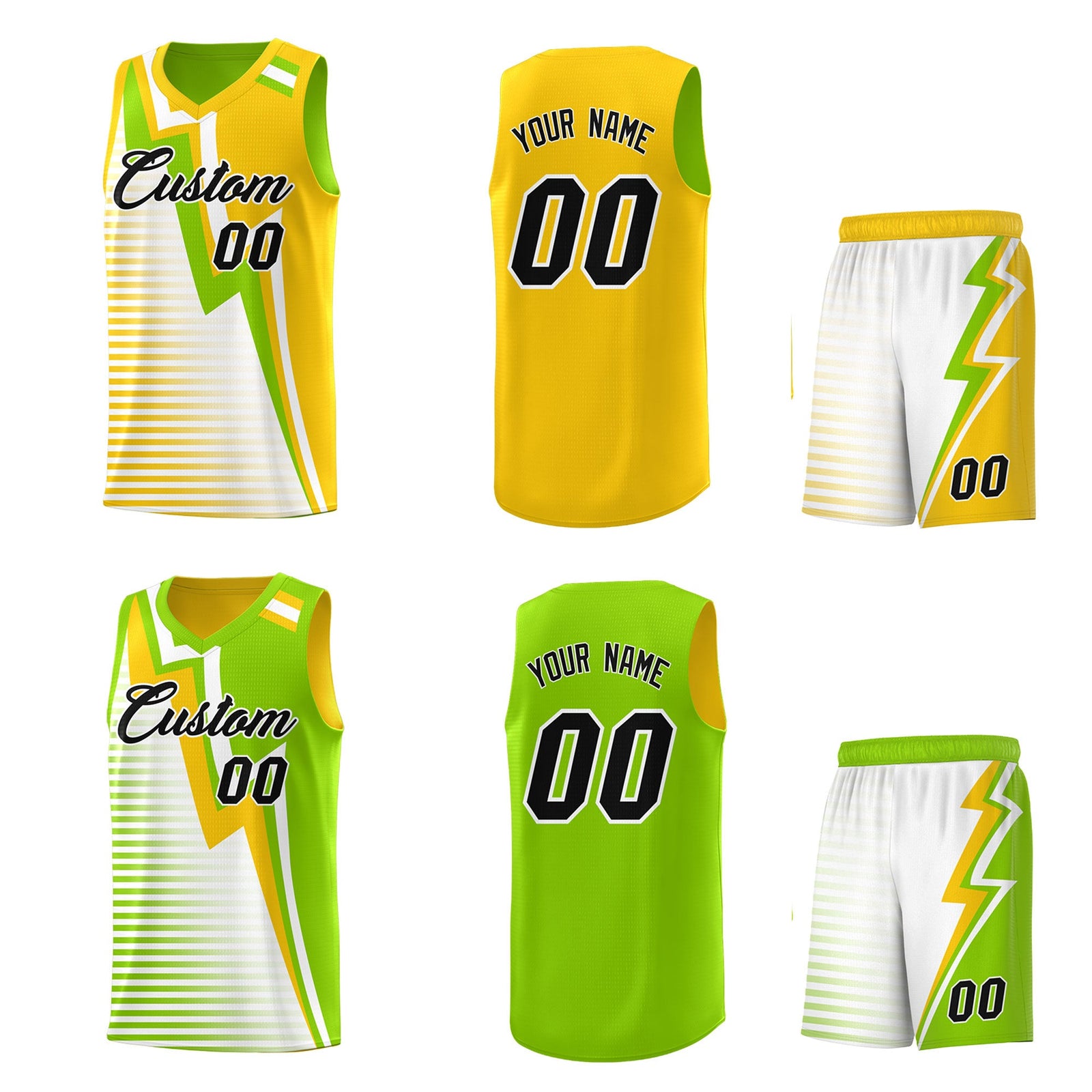 Custom Neon Green Gold White Gradient Stripes Lightning Pattern Reversible Sets Basketball Jersey| KXKSHOP