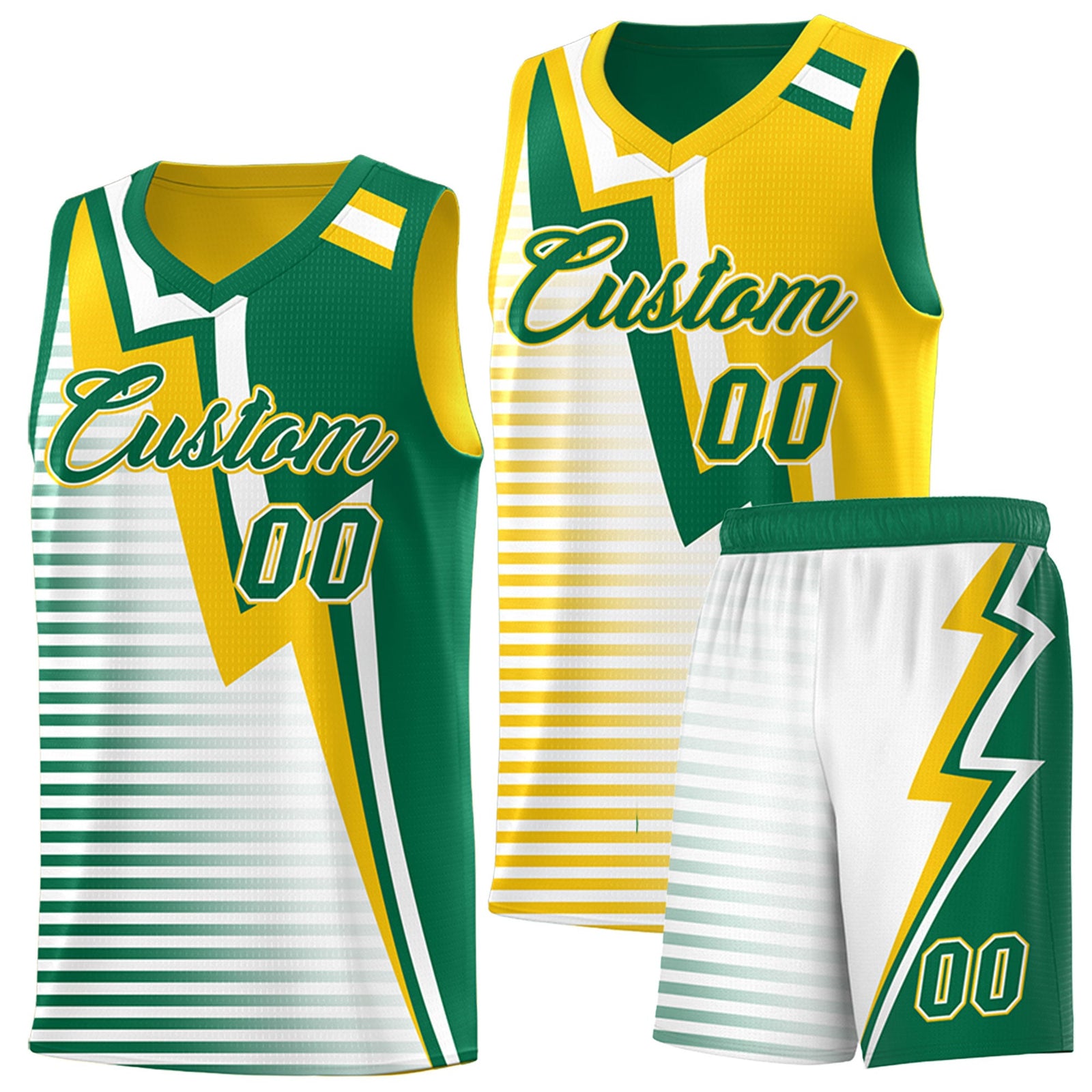 Custom Kelly Green Gold White Gradient Stripes Lightning Pattern Reversible Sets Basketball Jersey| KXKSHOP