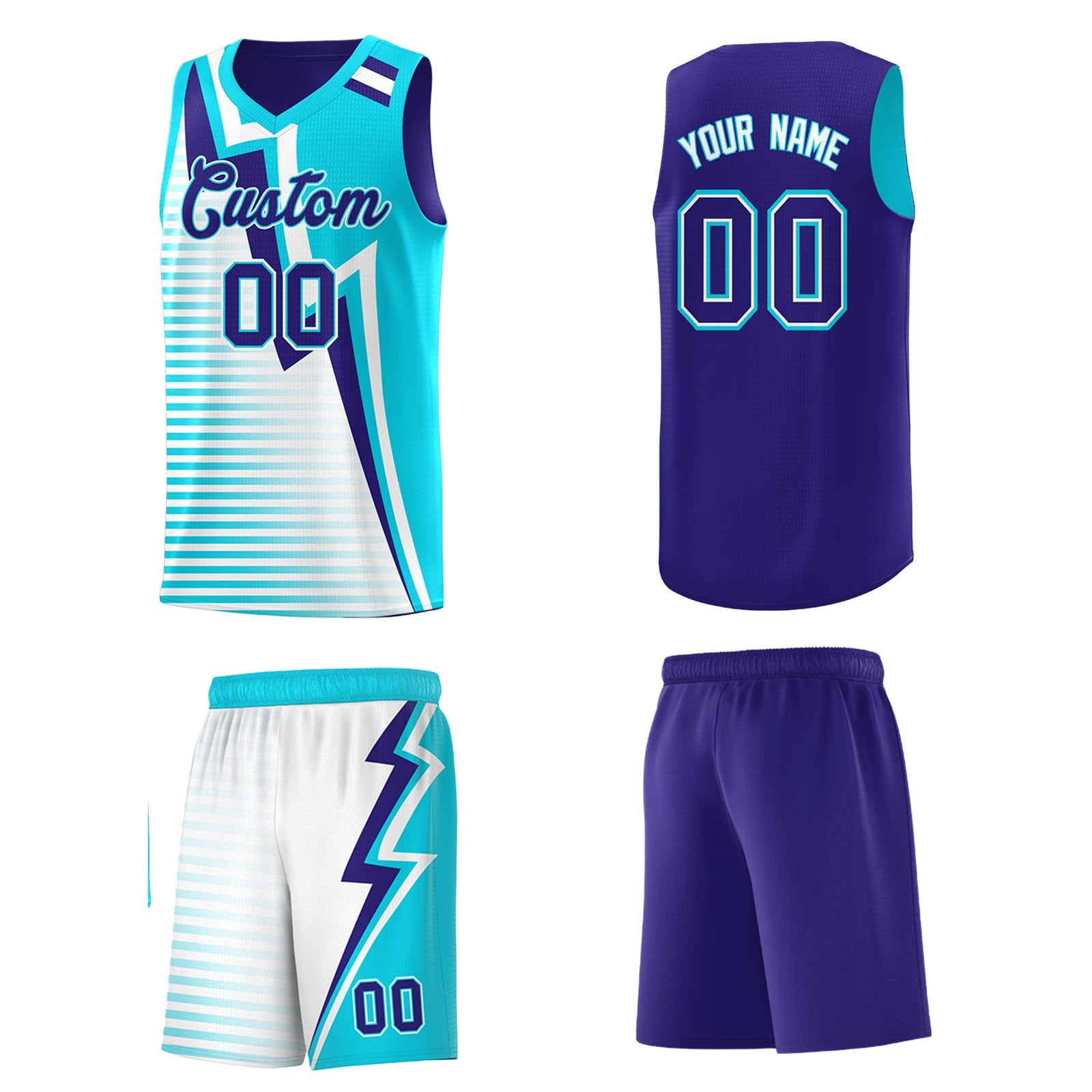 Custom Sky Blue Royal White Gradient Stripes Lightning Pattern Reversible Sets Basketball Jersey| KXKSHOP