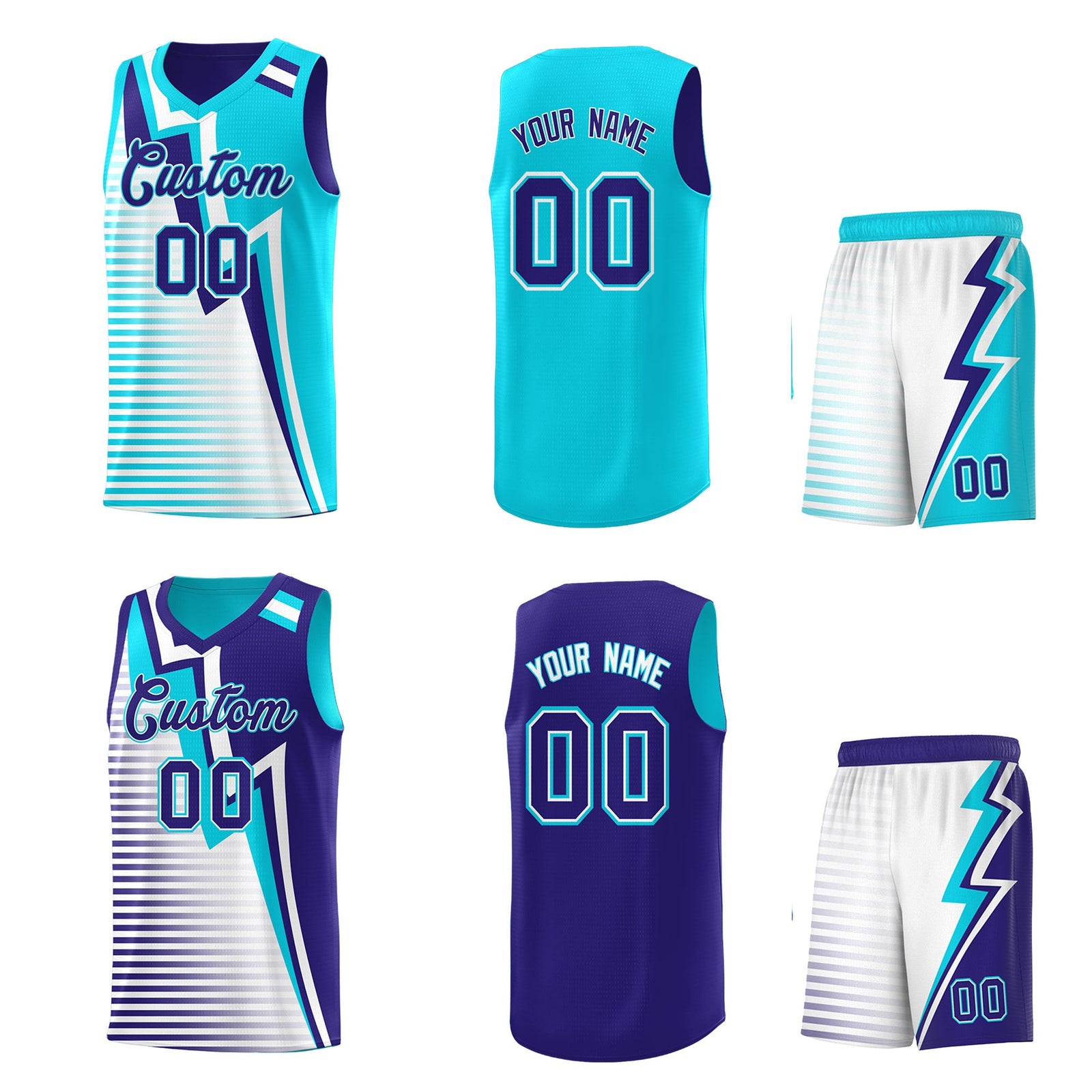 Custom Sky Blue Royal White Gradient Stripes Lightning Pattern Reversible Sets Basketball Jersey| KXKSHOP