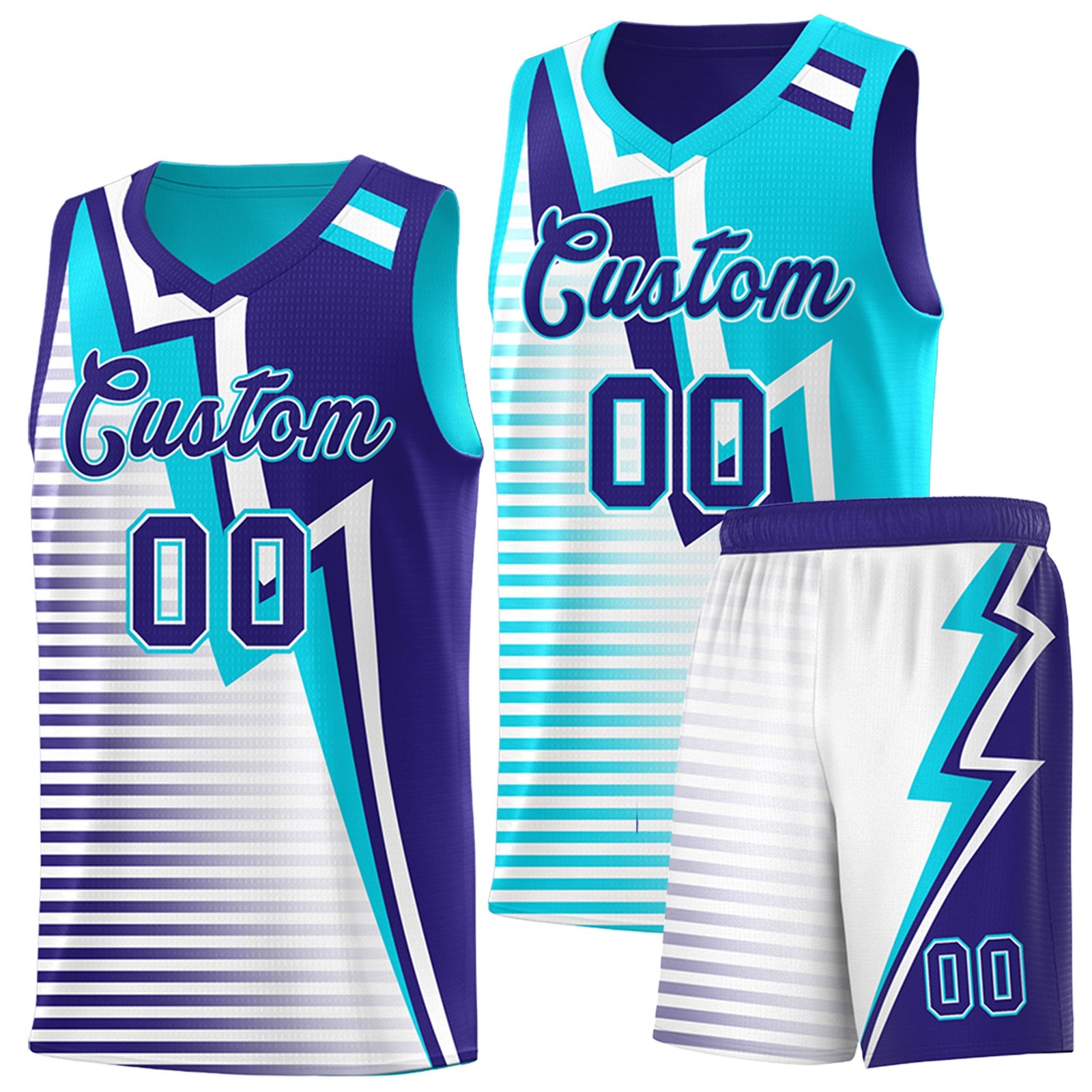 Custom Sky Blue Royal White Gradient Stripes Lightning Pattern Reversible Sets Basketball Jersey| KXKSHOP