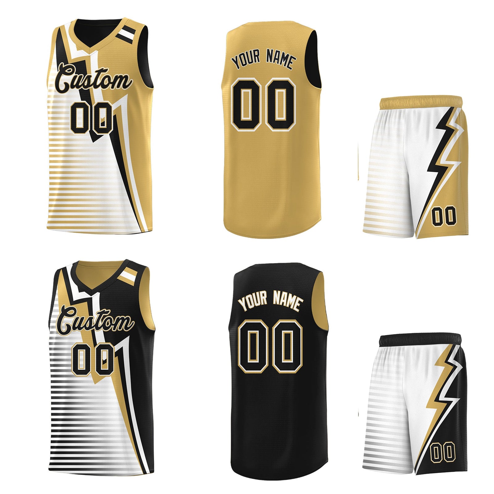 Custom Black Old Gold White Gradient Stripes Lightning Pattern Reversible Sets Basketball Jersey| KXKSHOP