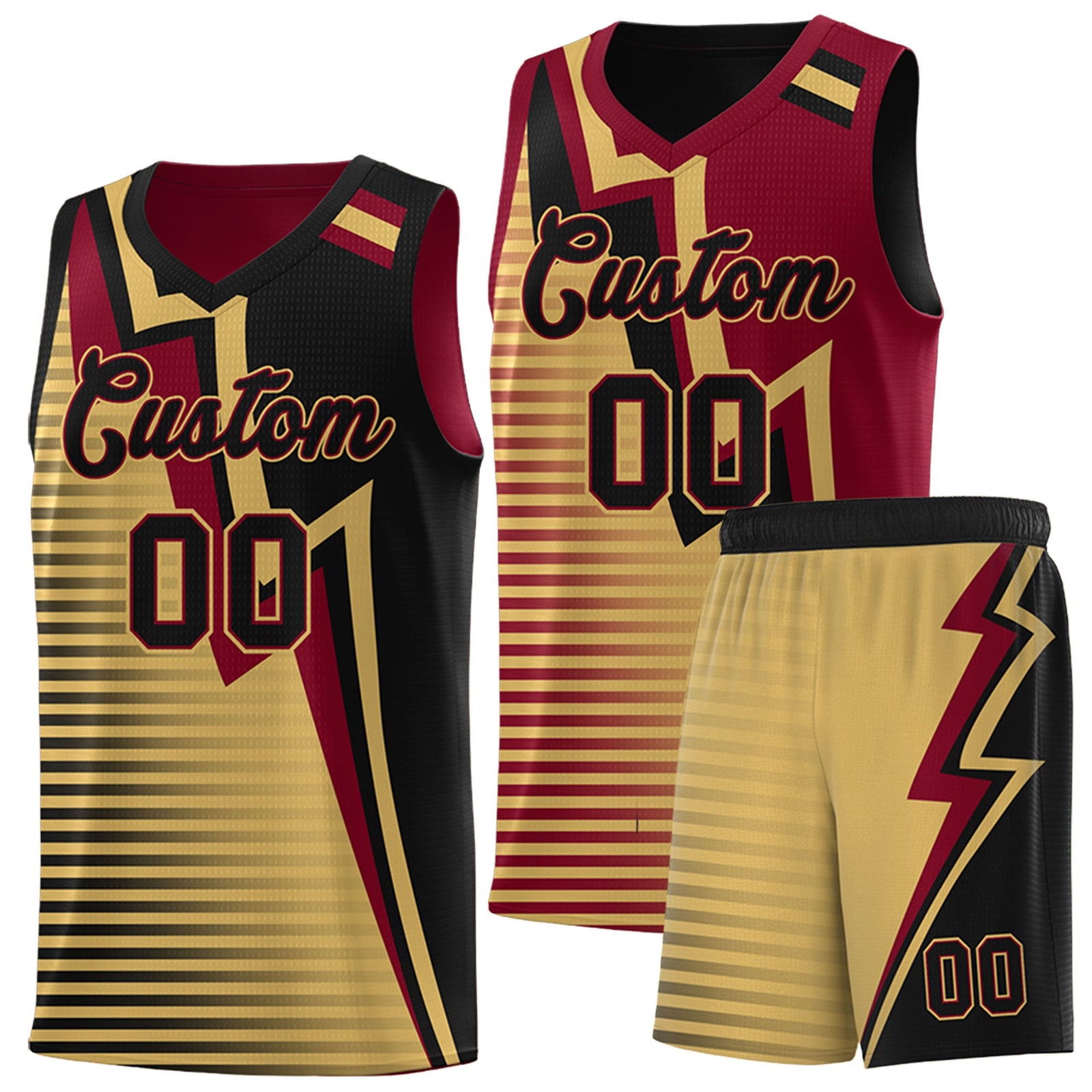Custom Black Old Gold Crimson Gradient Stripes Lightning Pattern Reversible Sets Basketball Jersey| KXKSHOP