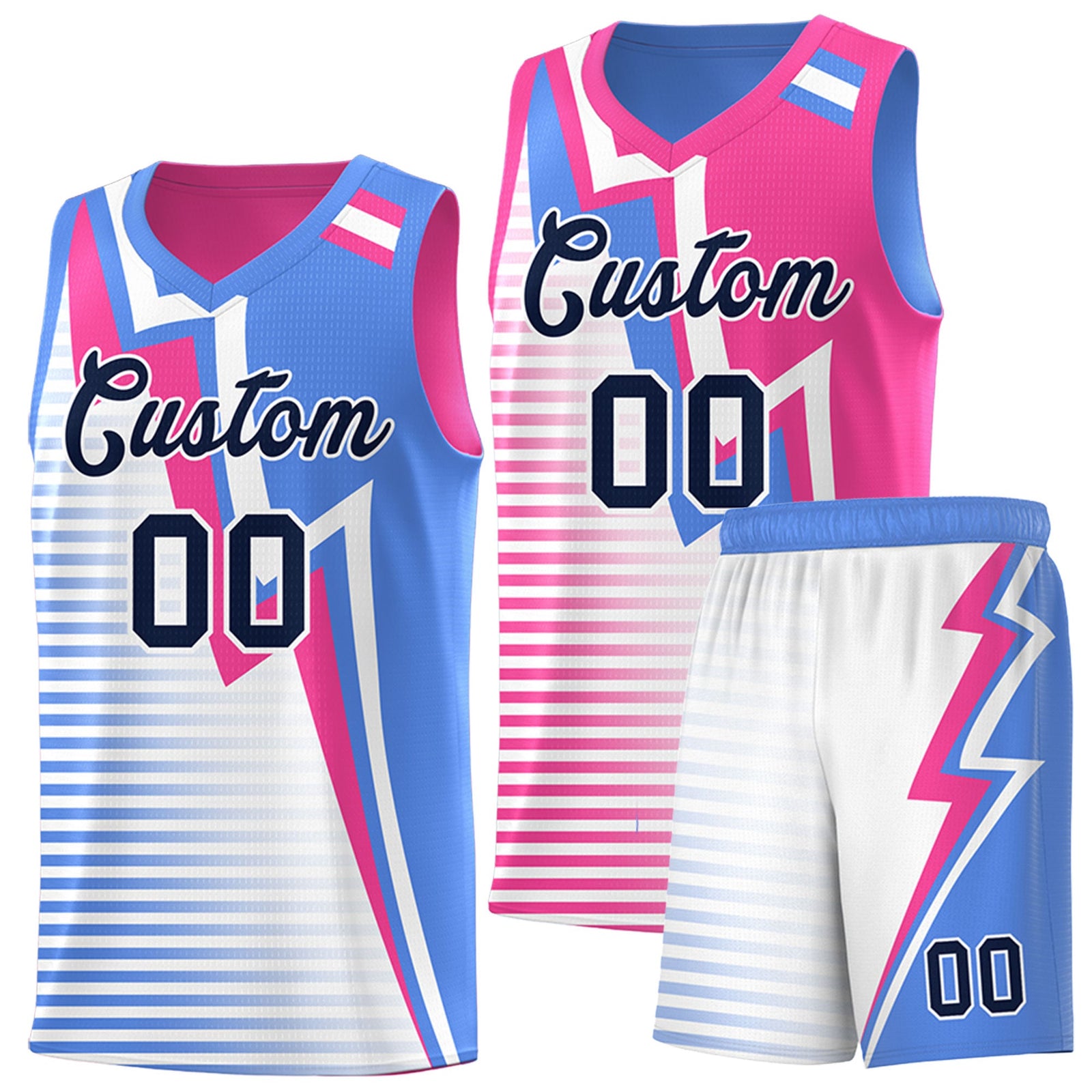 Custom Powder Blue Pink White Gradient Stripes Lightning Pattern Reversible Sets Basketball Jersey| KXKSHOP