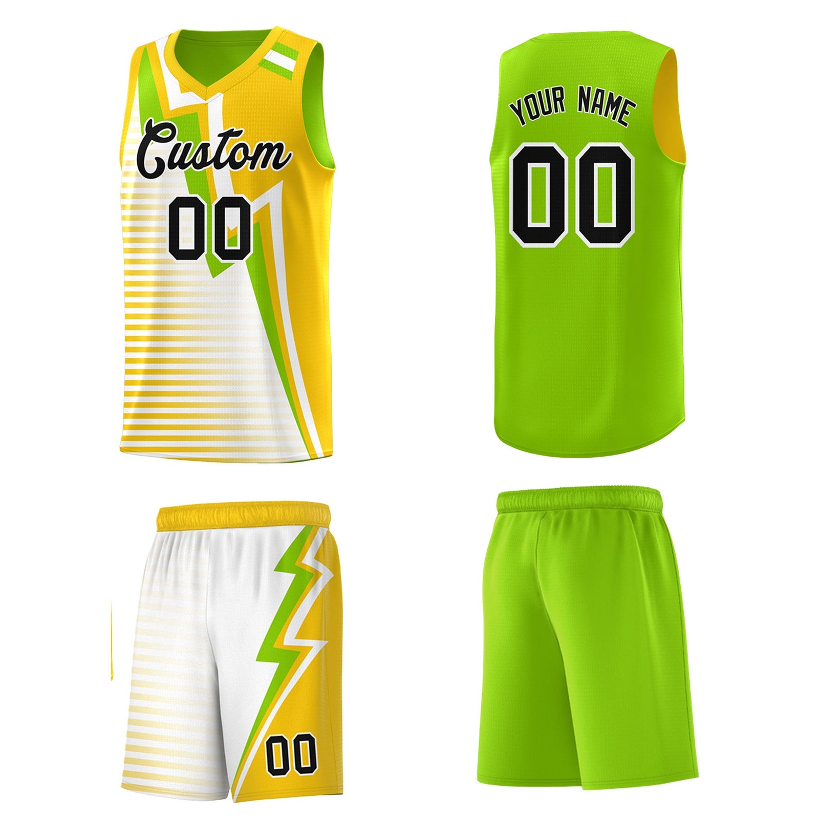 Custom Neon Green Gold White Gradient Stripes Lightning Pattern Reversible Sets Basketball Jersey| KXKSHOP
